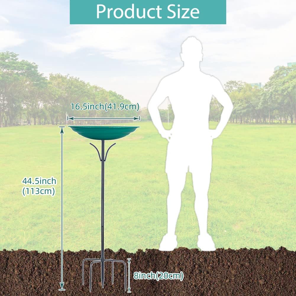 Large Metal Bird Bath, 16.5" W x 44" H Free Standing Birdbath with 5-Prongs, Bird Baths for Outdoors, Garden, Yard (Green)