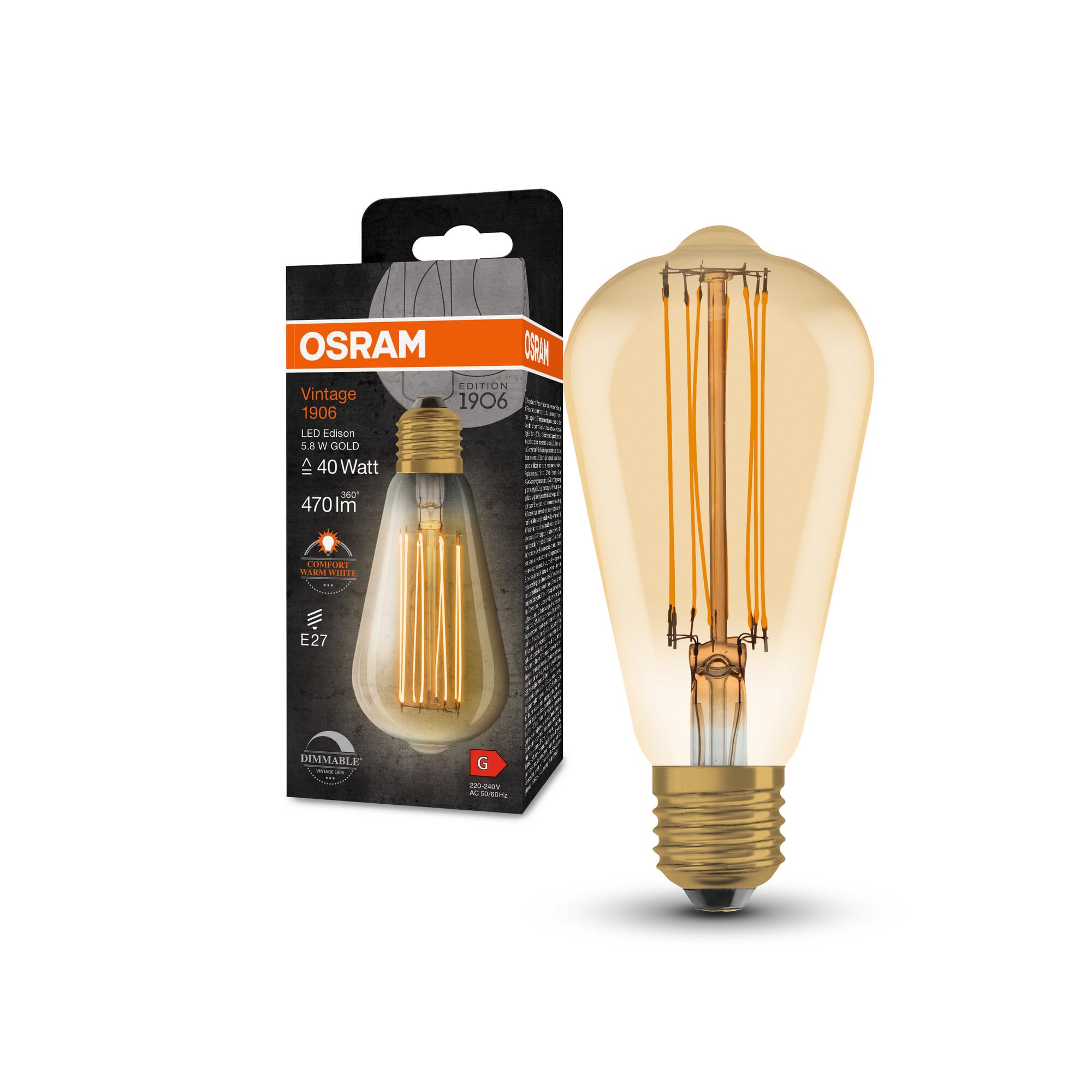 OSRAM Vintage 1906 Led Lamp with Gold Tint, 5.8W, 470Lm, Edison Form with 64Mm Diameter and E27 Socket, Warm White Light Color, Straight Filament, Dimmable, Up to 15,000 Hours of Lifespan