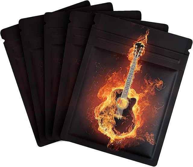 60 Pieces Mylar Zip Lock Bags, Resealable Mylar Bags Pure Aluminum Food Storage Bags for Foods, Candy, Tea (7.8 x 10.3cm, The Burning Guitar)