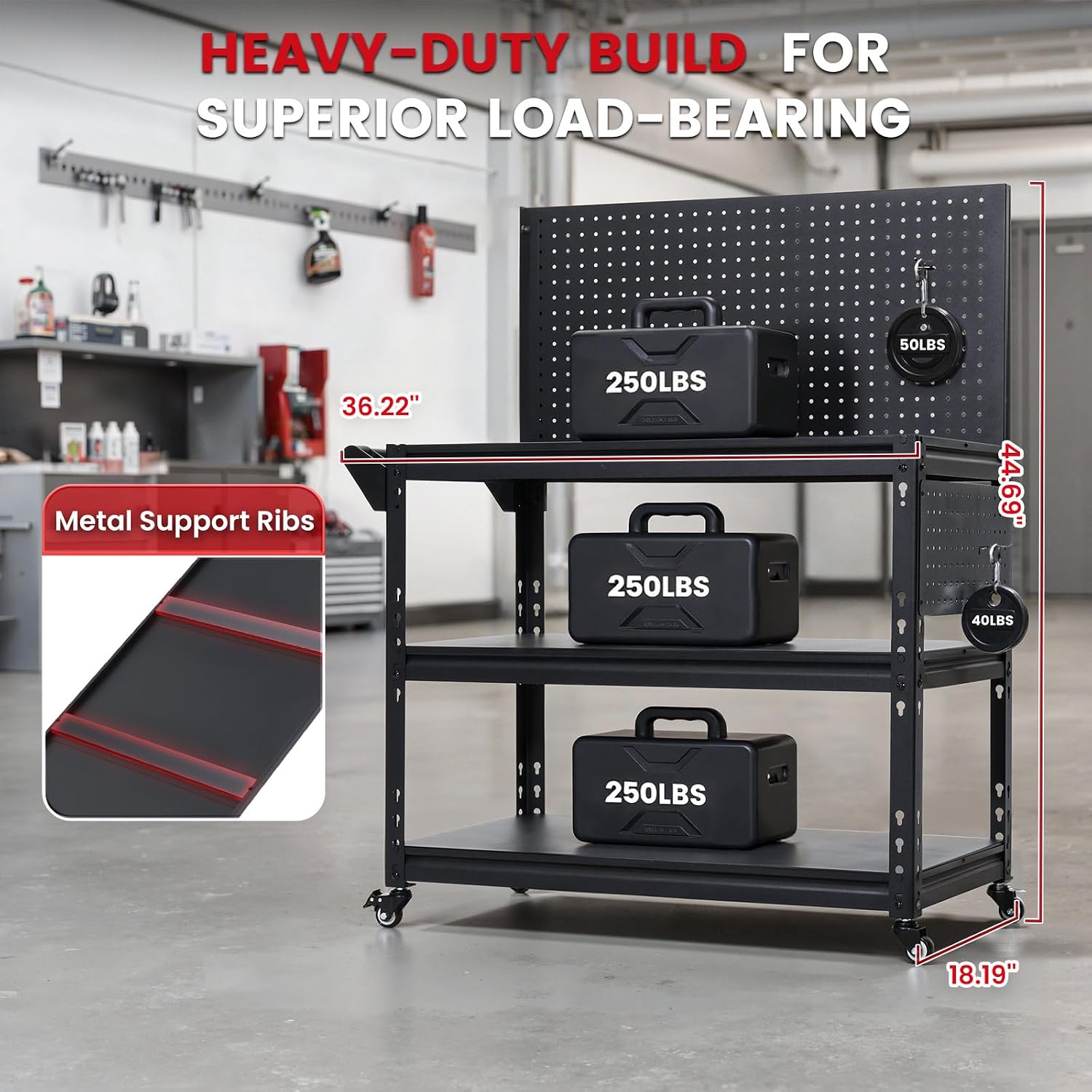 ENJOYWOOD Workbench with Dual Pegboards 3-Tier Adjustable Rolling Work Table Heavy Duty Metal Tool Bench with Push Handle & Wheels Mobile Workstation for Garage, Workshop, Warehouse
