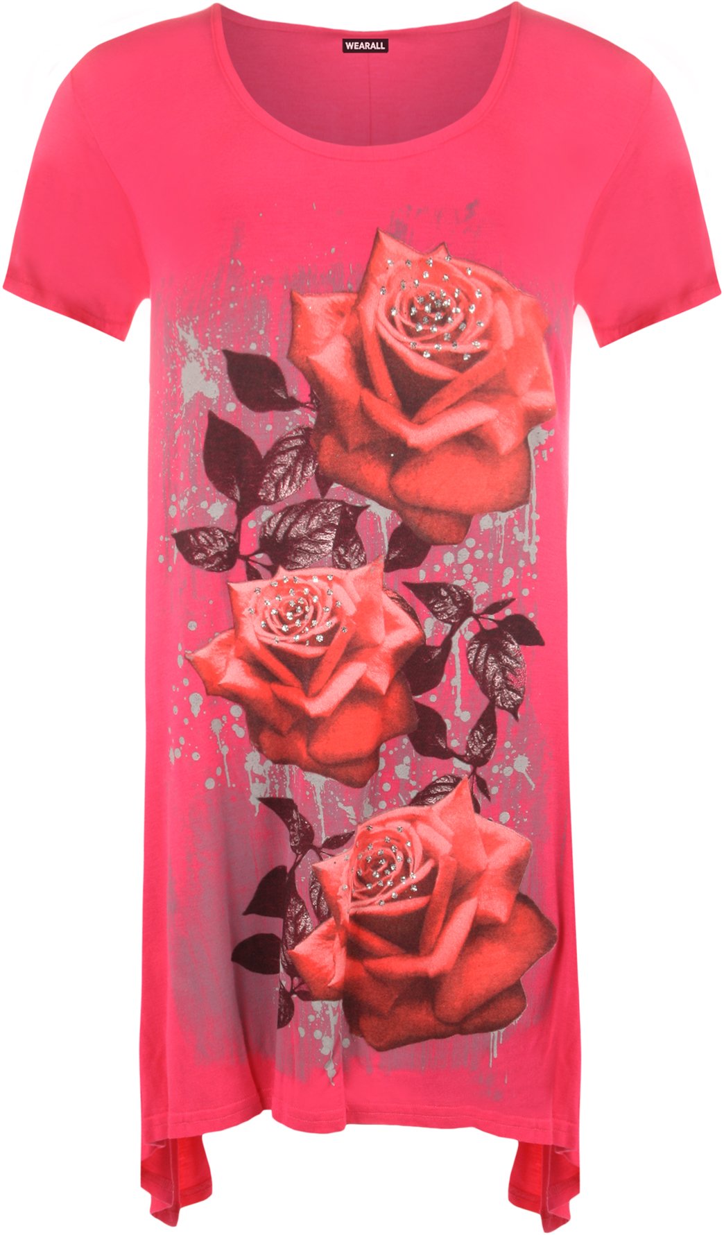 Wearall Women's Cerise Plus Size Glitter Rose Print Hanky Hem Short Sleeve Long Top 14