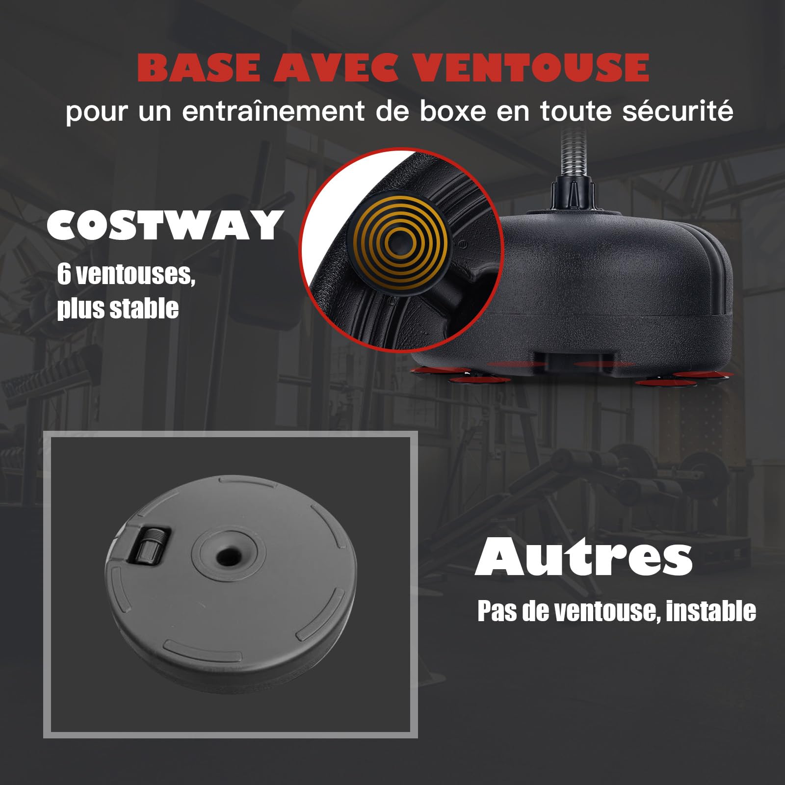 COSTWAY Punching Ball sur Pied Réglable avec Gants Sac de Frappe Boxe Base Lesté avec Ventouses