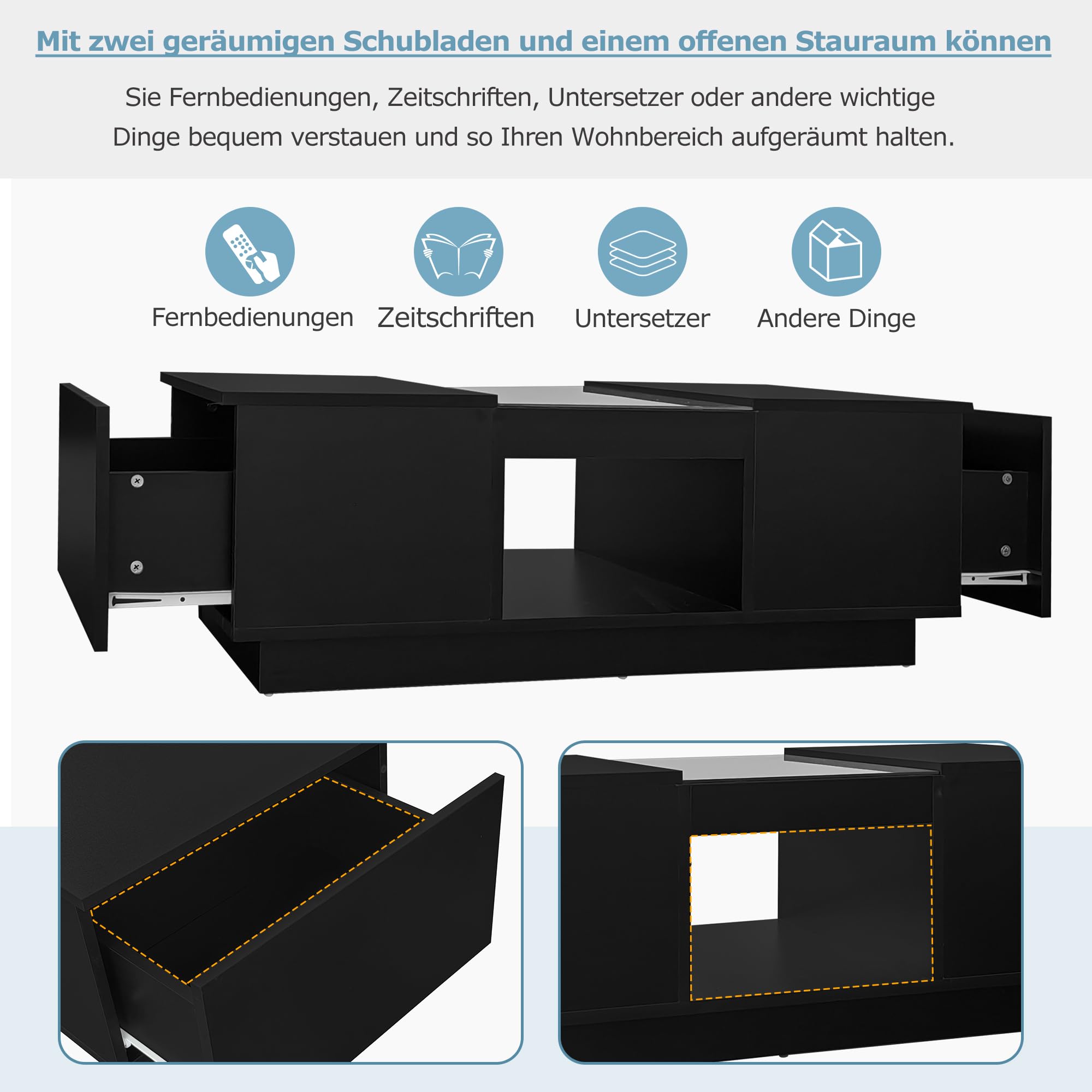 Merax Couchtisch LED Hochglanz, Mitteltisch Teetisch für Wohnzimmer, Schwarz Wohnzimmertisch mit 2 Schubladen und offenes Fach, Rechteckiger Beistelltisch Sofatisch Kaffeetisch, für Schlafzimmer Büro