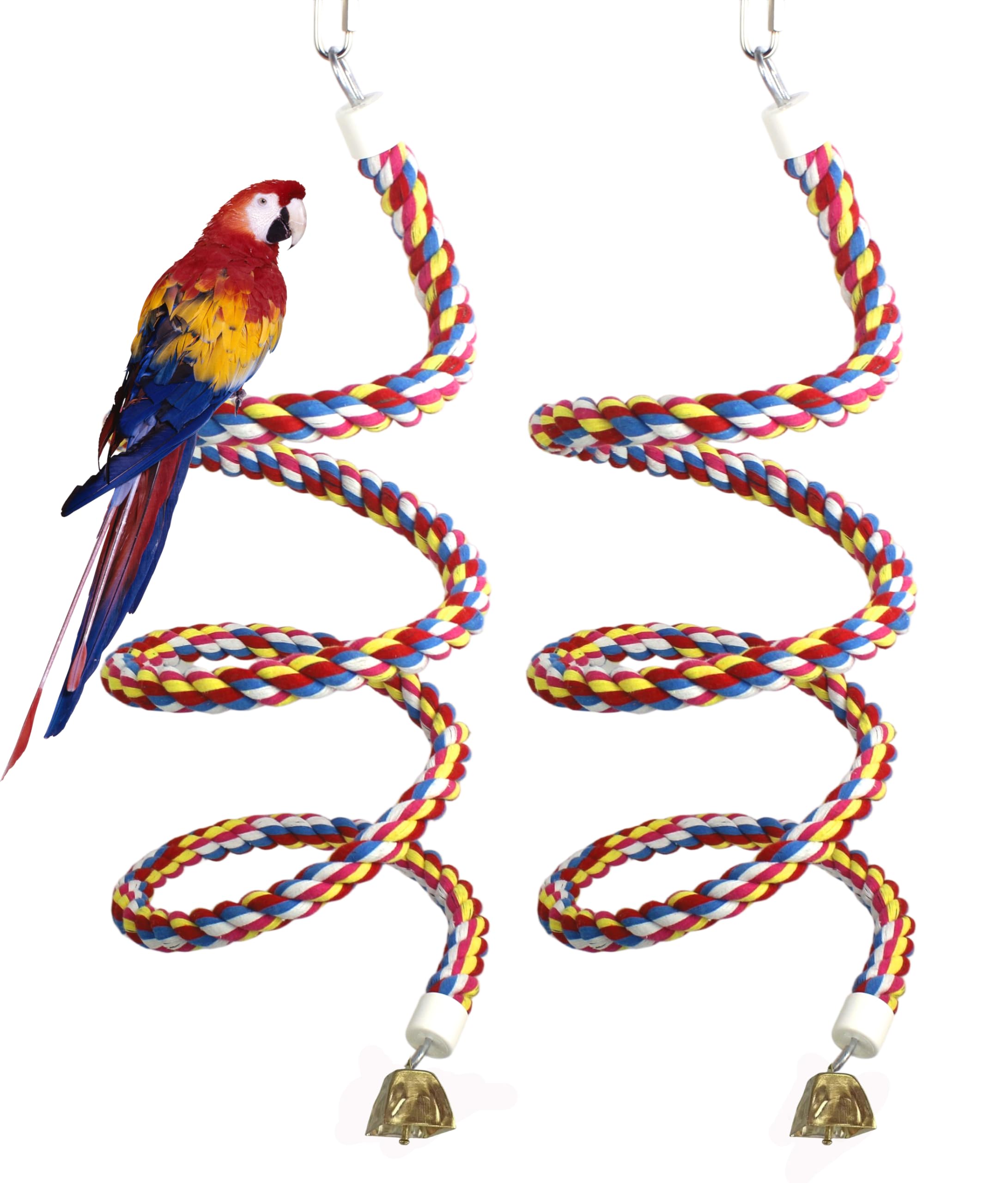 Lot de 2 cordes en spirale pour oiseaux de 200 cm avec clochette dorée - Jouets pour cage à oiseaux 100 % coton naturel - Perchoir à oiseaux - Jouets pour perroquet de taille normale à grande