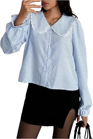 Floerns Women's Striped Button Down Blouse Long Sleeve Loose Fit Preppy Shirt