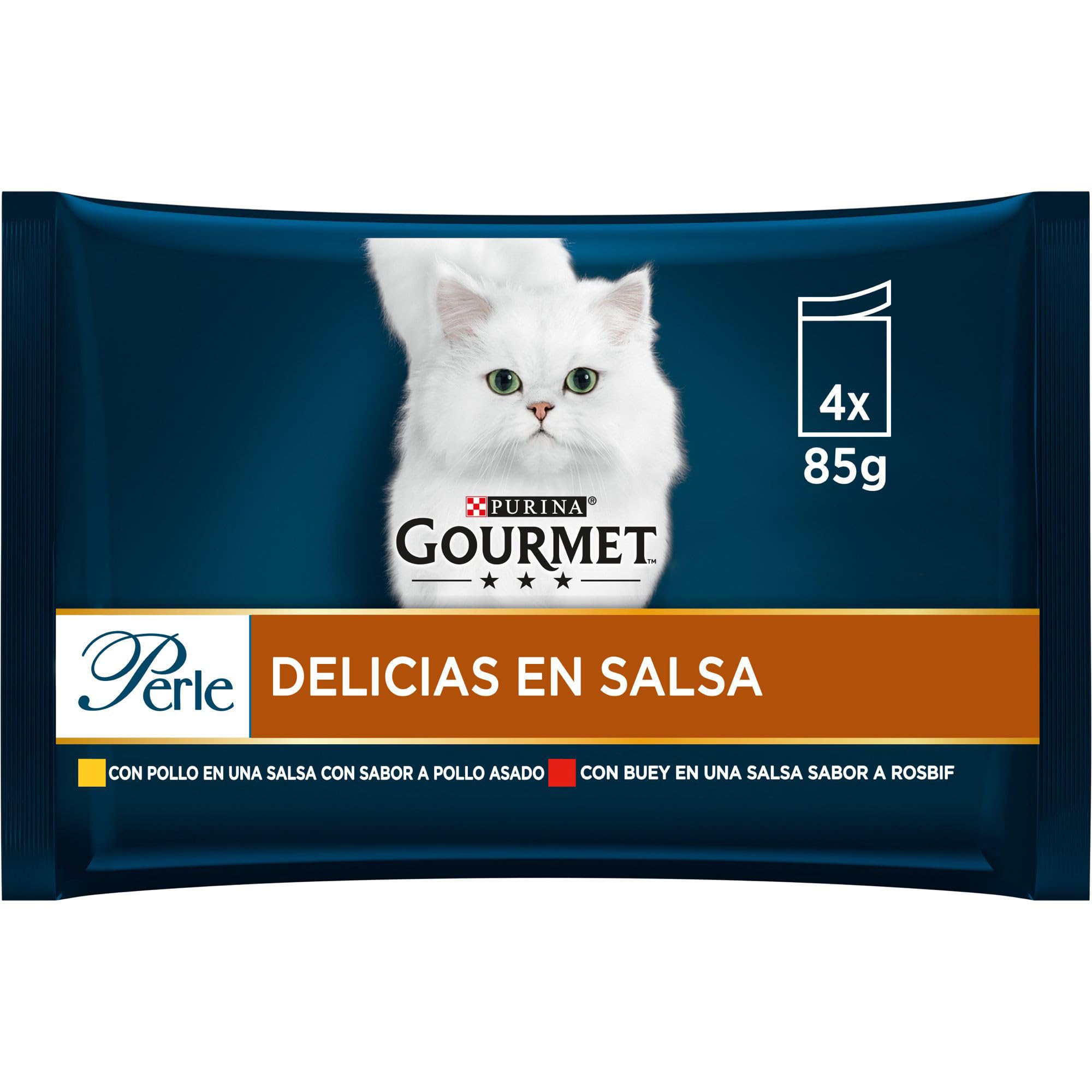 Purina Gourmet Perle Delicias en Salsa, Comida Húmeda para Gato con Pollo y Buey, 4 sobres de 85 g