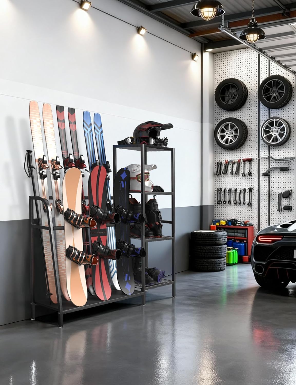 sogiv 4-Tier Freestanding Snowboard Rack, Ski Storage Rack, Ski Holders, Floor Stand Ski Organizer, Ski & Snowboard Rack Organizer for Garage, Home, Basement, Shed Ski Enthusiasts