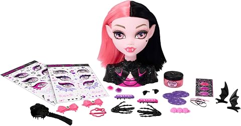 Monster High Draculaura saç tasarımı büstü, renk değiştiren ruj, tokalar ve çıkartmalar gibi 25'ten fazla saç ve makyaj aksesuarı, JML42