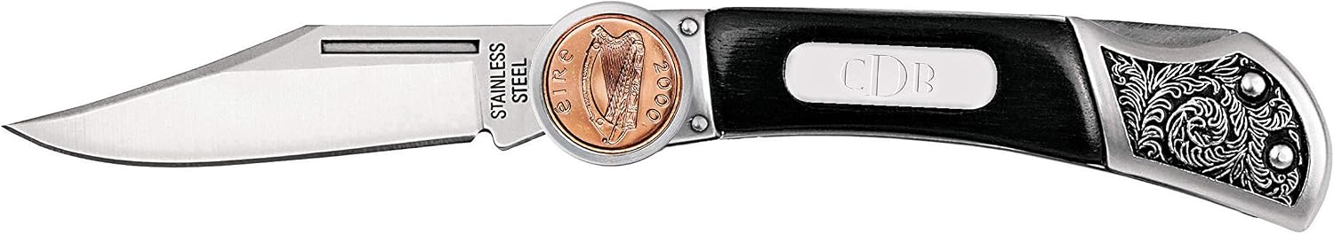American Coin Treasures Coin Pocket Knife Irish Penny | Genuine Irish One Cent | Engravable Plate | Certificate of Authenticity