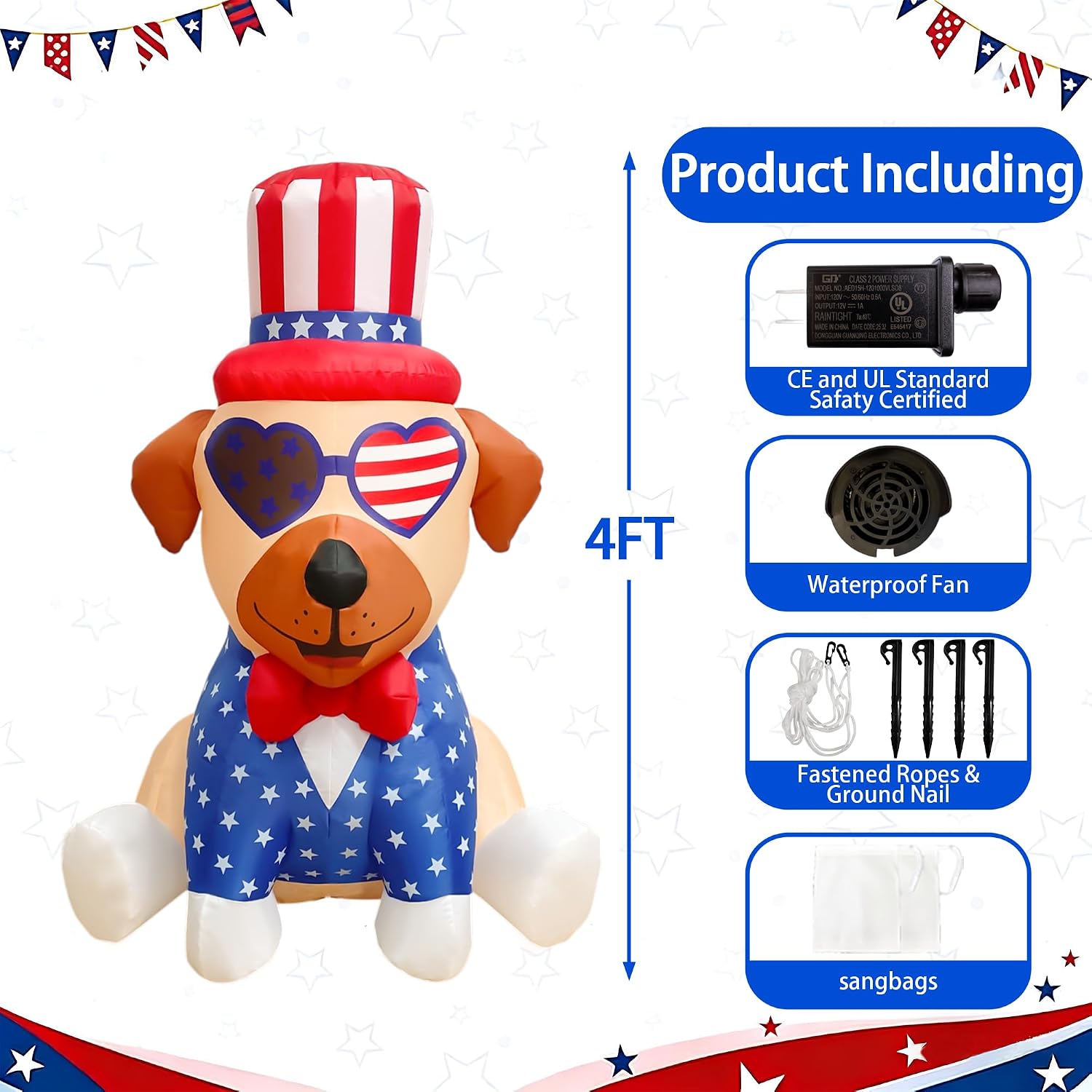 4FT Patriotic Independence Day 4th of July Memorial Day Inflatable Outdoor Decoration, Pug in Uncle Sam Hat, LED Lights Holiday Blow Up for Fourth July Party Garden Yard Lawn Decor