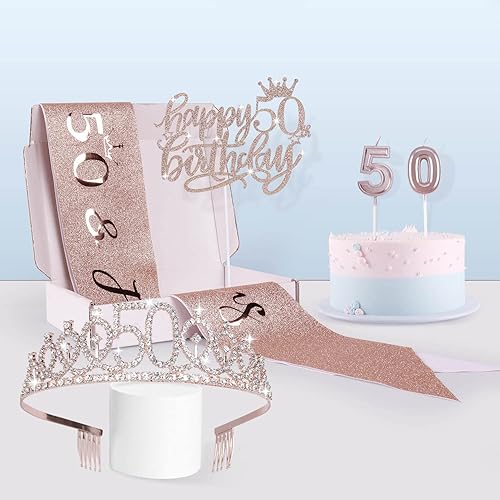 Miniatura 7 de BEAN LIEVE Decoraciones de cumpleaños número 50 incluye banda de cumpleaños 50, coronatiara de diamante de 50 cumpleaños, velas de cumpleaños y