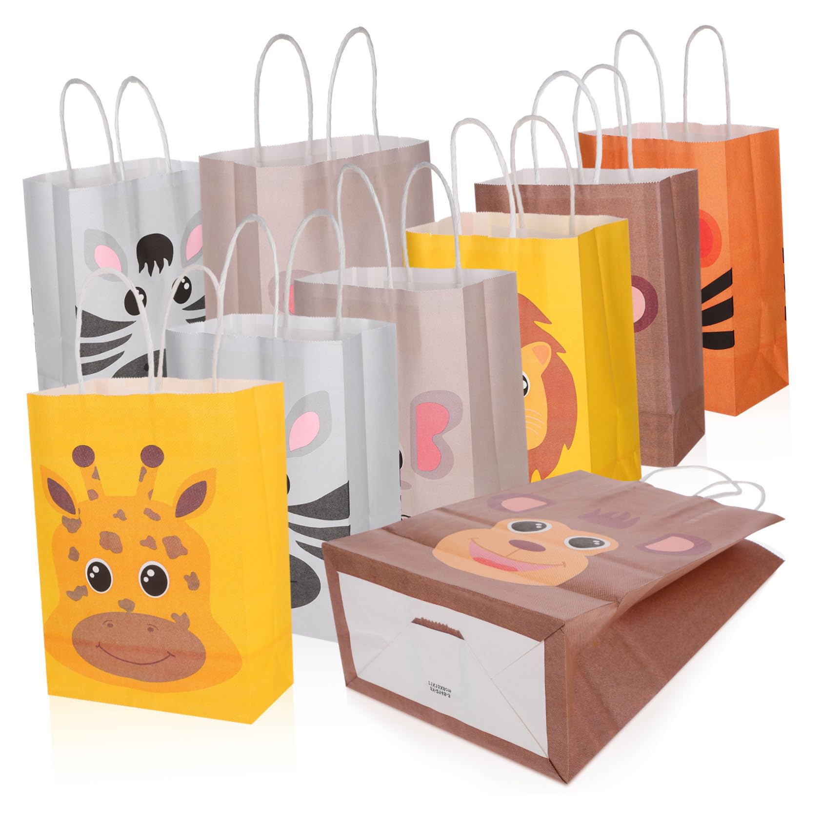 LOORGVEL Ebene Papiertüten mit Tiermotiven aus Kraftpapier mit Griffen 24 Stück Praktische Partytüten Mittelgroße Kindertaschen für Kindergeburtstage für Thanksgiving und Shower
