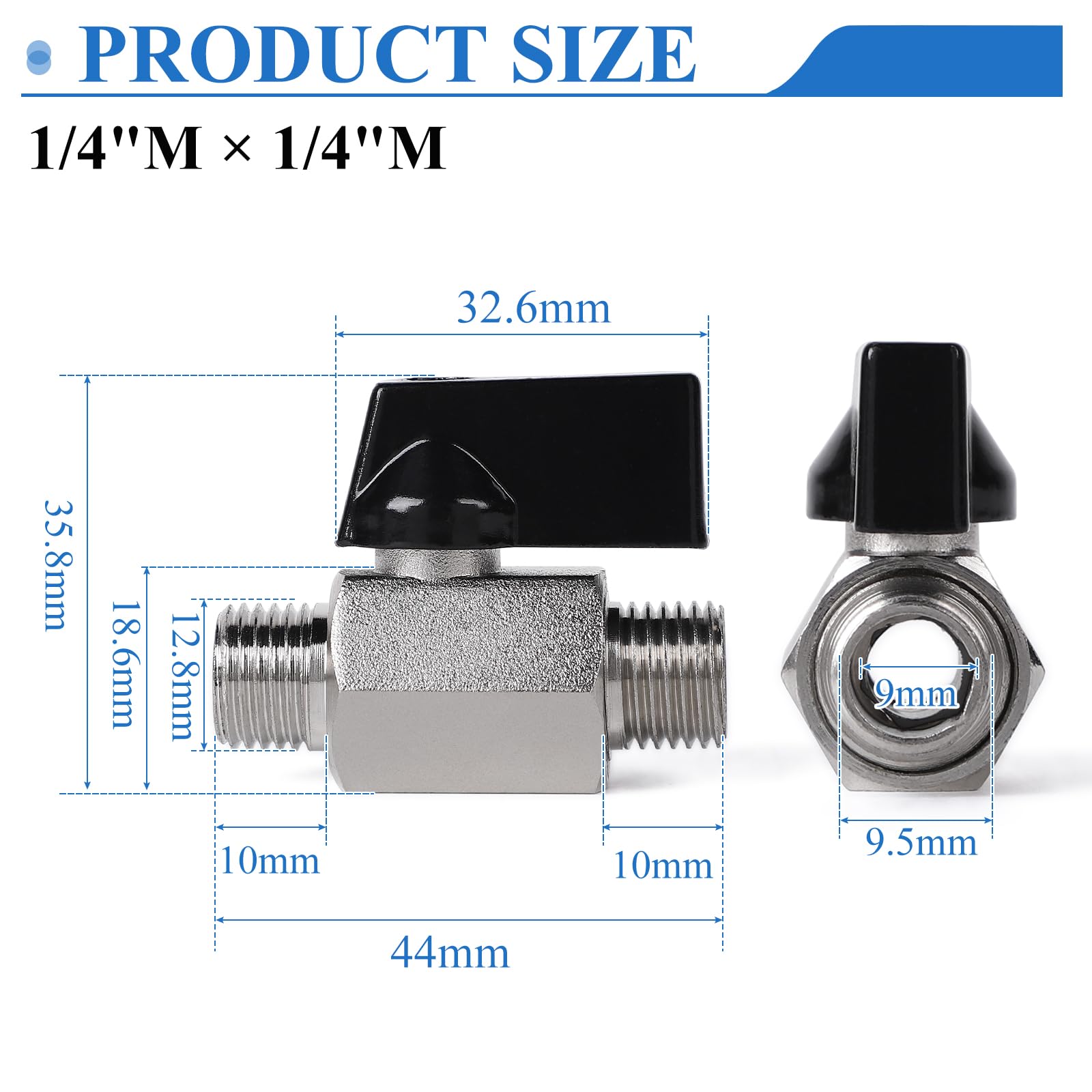 EFUTURETIME 2 x mini zawór kulowy zawór odcinający, 1/4" AG x 1/4" AG zawór odcinający, mosiądz niklowany zawór kulowy z taśmą teflonową