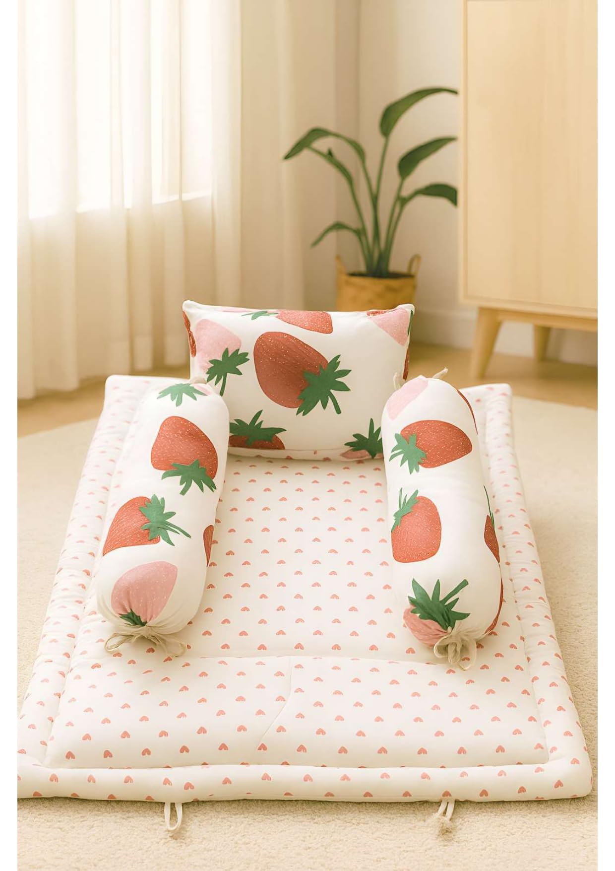 NWF Premium Cotton Baby Bedding Set with Soft Mattress, Pillow & 2 Side Bolsters | Breathable & Comfortable for Infants & Toddlers (0–24 Months) | Unisex Strawberry Print | 26×40 Inches