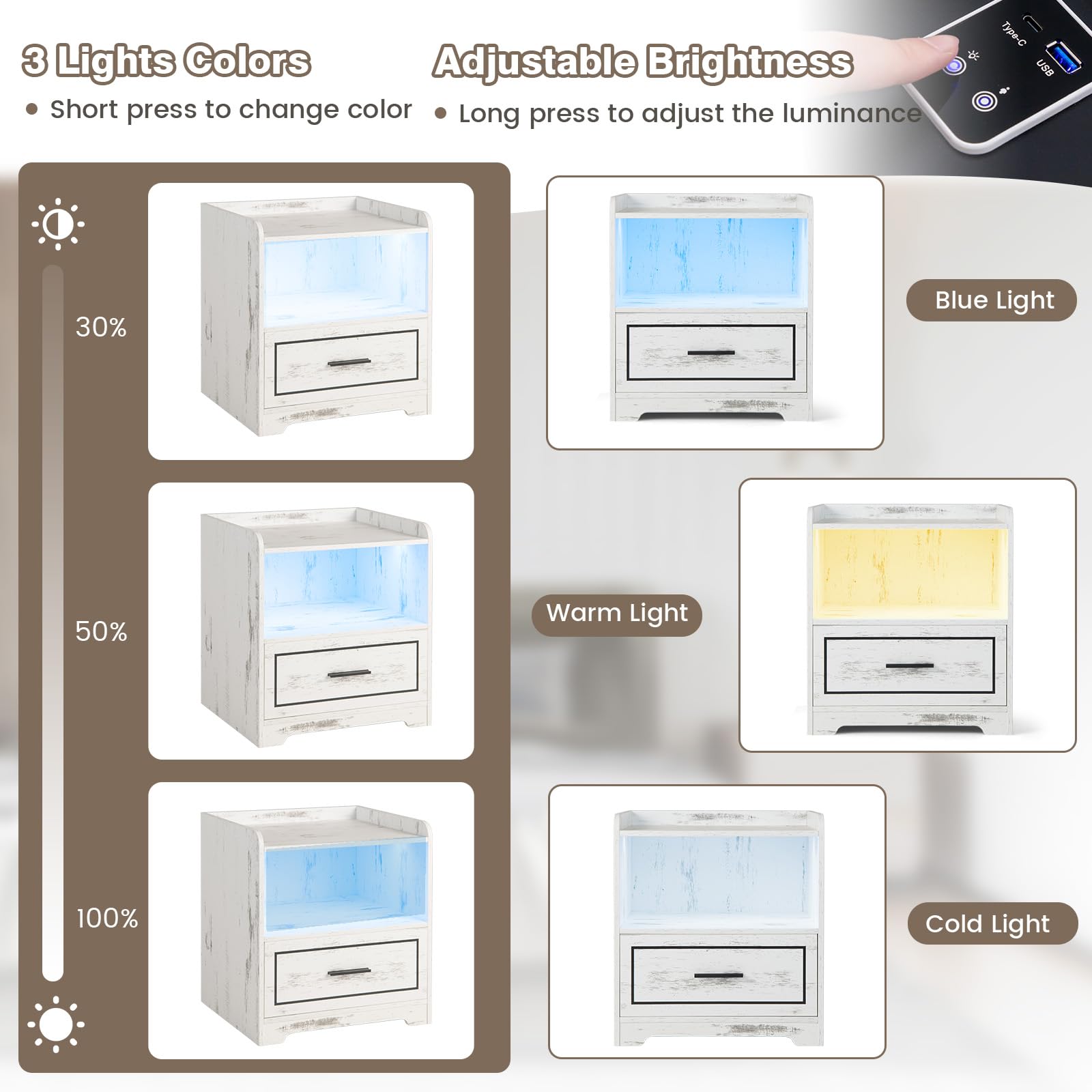 KOMFOTTEU Regulowany stolik nocny LED, ładowanie USB/Type-C, drewniana szuflada, Smart Tabel 45 x 40 x 50 cm (1, biały)
