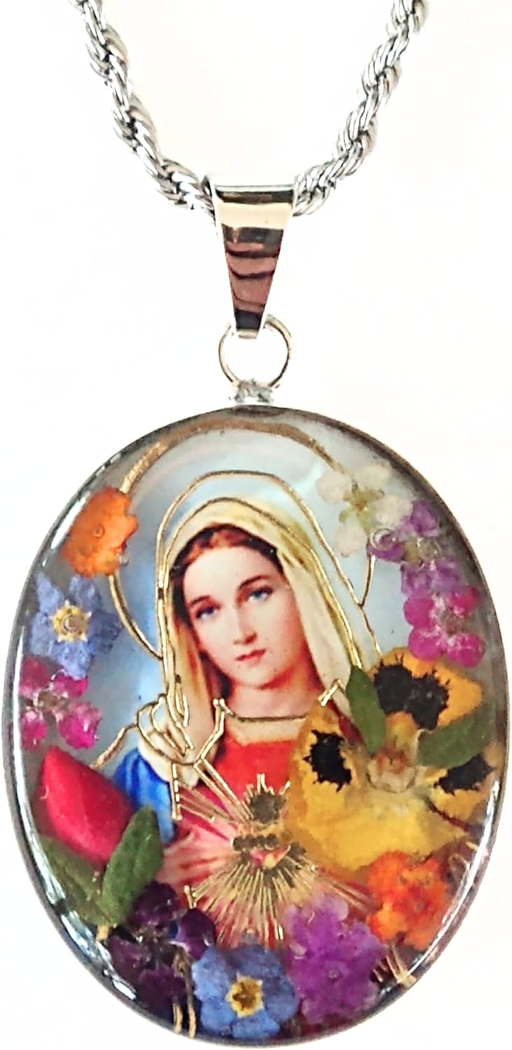 Virgin Mary Necklace Immaculate Heart Pendant 925 Sterling Silver with 20" Stainless Steel Chain Holy Family Medalla Virgen Maria Lady Guadalupe Medal Pressed Flower Catholic Religious Gift Jewelry