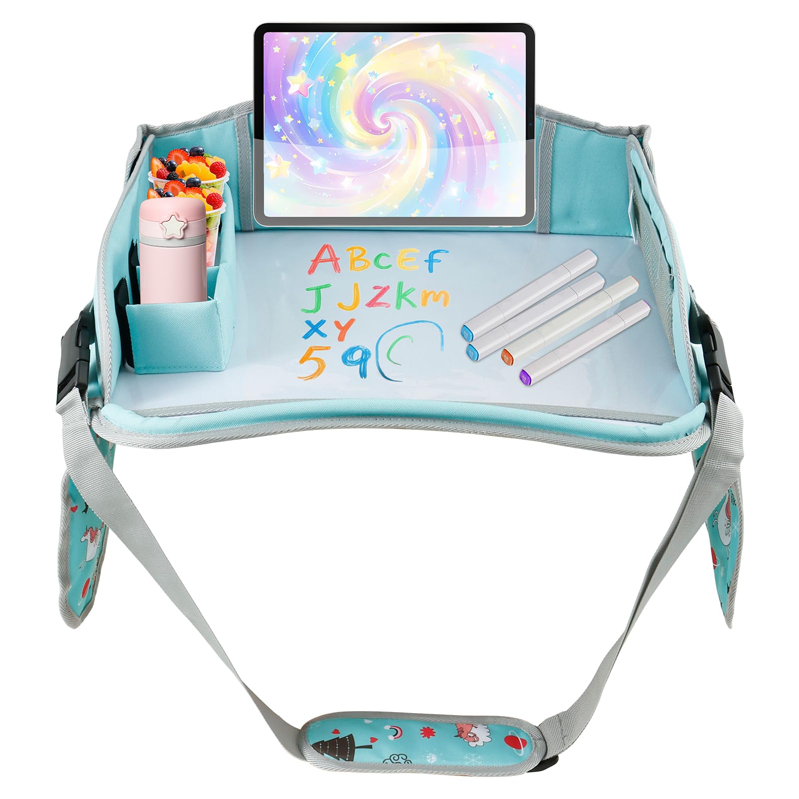 JEJUWE Carseat Table Tray for Kids Polyester Made Portable Drawing Board with Padded Shoulder Strap for Road Trip Activities Home(green)