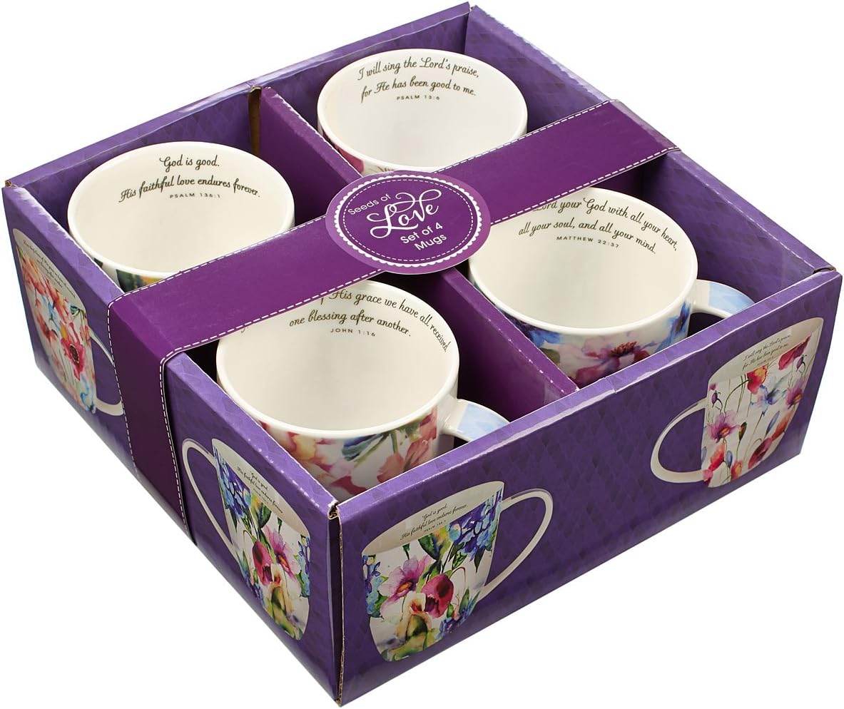 Best Deal Product Christian Art Gifts Ceramic Coffee/Tea Mug Set for Women | Seeds of Love Garden Blooms Design Bible Verse Mug Set | Boxed Set/4 Coffee Cups