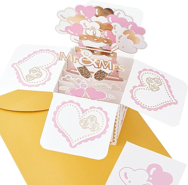 CRASPIRE Mr & Mrs Pop Up Card Wedding Greeting Card Cake and Hearts Love 3D Congratulations Card with Envelope, Stand Up Card for Valentines Wedding Anniversary Love Romance Holiday Party