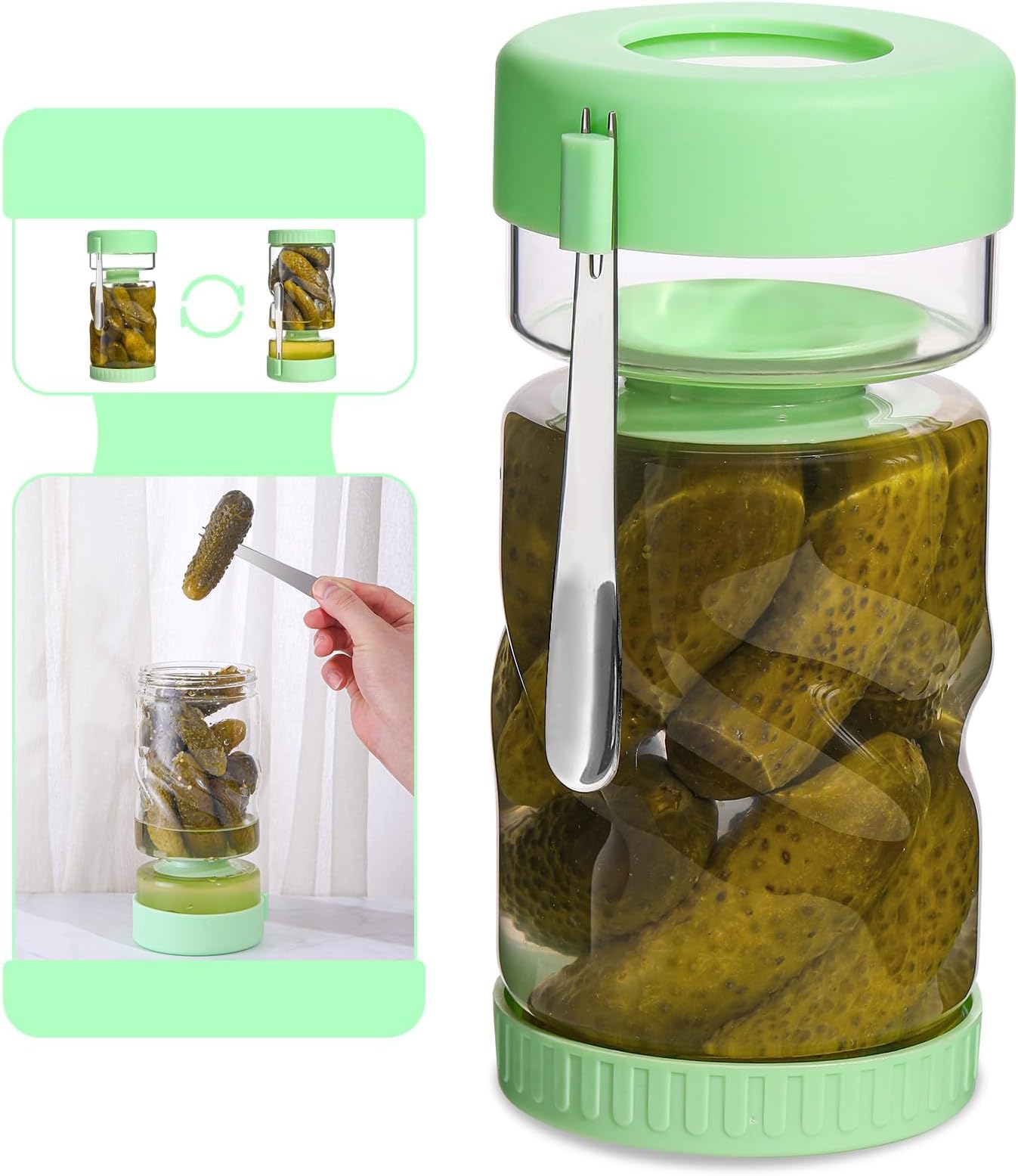 Glass Pickle Jar with Strainer Flip and Stainless Steel Fork, 36oz Leakproof Airtight Large Pickle Container with Strainer, Hourglass Pickle Juice Separator Jar for Olive, onions, gherkin
