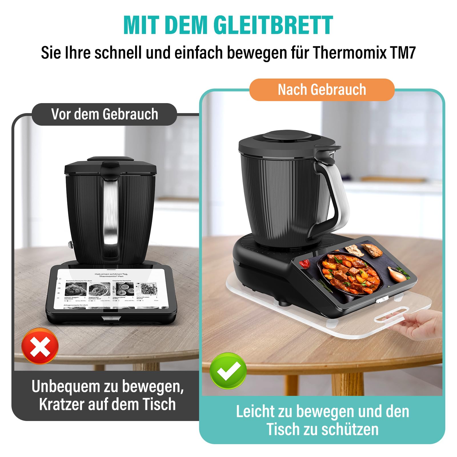 Tabla deslizante para Thermomix TM7, con un solo mango, para robot de cocina Thermomix Vorwerk TM7, accesorios (acrílico – transparente)