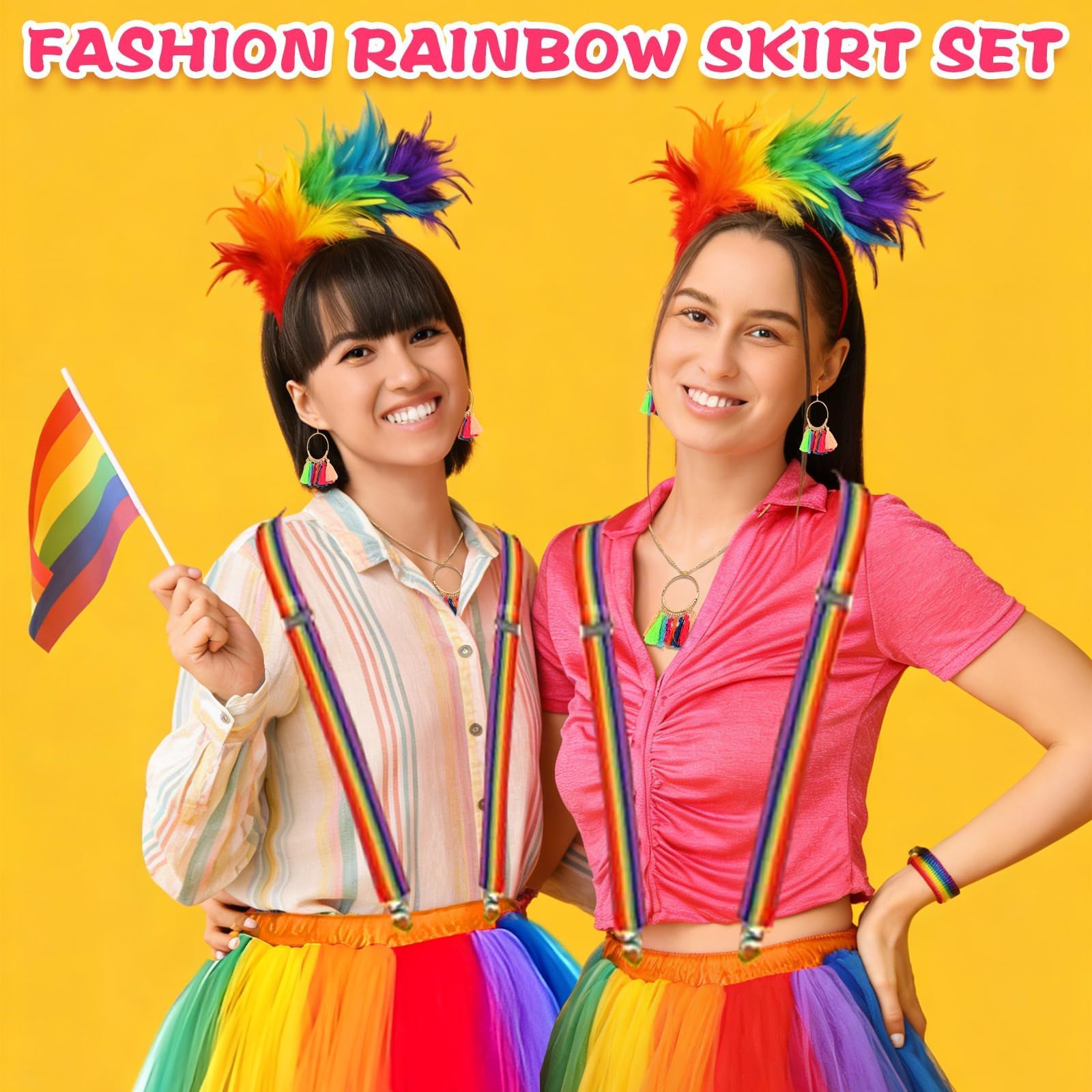 Set de Tutu Arc-en, Ciel pour Adulte, Jupe Tulle Volumineuse, Diadème à Plumes, Bretelle, Boucles d'Oreilles à Franges, Collier, 2 Drapeaux, 2 Autocollants, Taille Unique pour Fêtes & Soirées