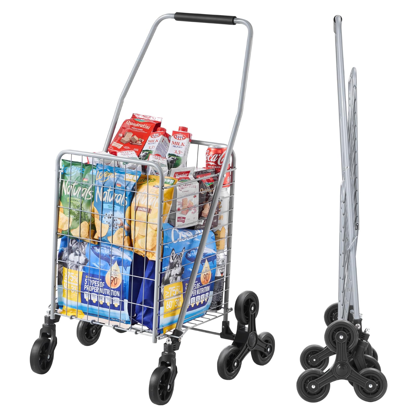 VEVOR Carrello della Spesa per Salire Scale da 45 L con Ruote Girevoli a 360°, Carrello Multiuso per Salire Scale con Tre Ruote, Carrello per Scale, Pieghevole e Leggero per Bucato in Viaggio, Argento