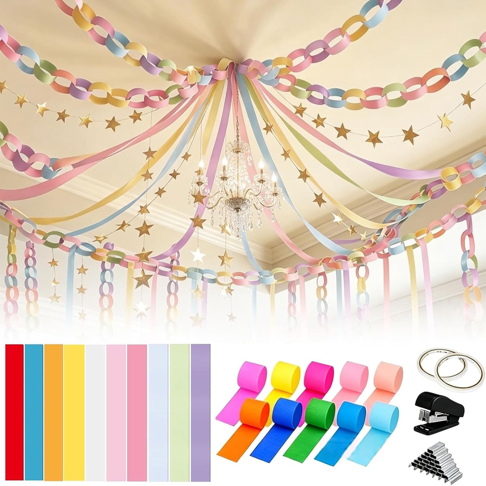 1000 Sheet Paper Chain Garland Strips Set with 10 Rolls Crepe Paper Streamers, DIY Construction Paper Chain Kit for Birthday, Wedding, Classroom, Party Decorations