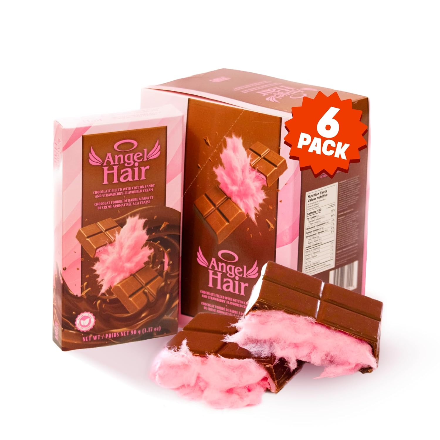 Angel Hair Dubai Style Milk Chocolate Bar by Bubblegum Kids | Valentine's Day Candy & Gift | Premium Milk Chocolate Filled with Cotton Candy & Strawberry Cream | Natural Colors & No Dyes | 6 Pack