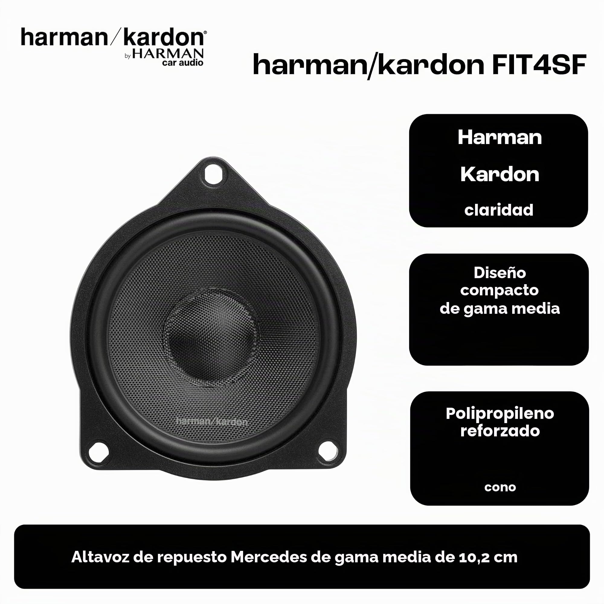 Harman Kardon FIT4SF 4 in / 10 cm Altavoz Coche Rango Medio 3 Vías | 45 W RMS / 360 W pico, 90 dB, 4 Ohm, 200 Hz-8 kHz - transductor midrange sin rejilla - materiales PCR reciclados - par