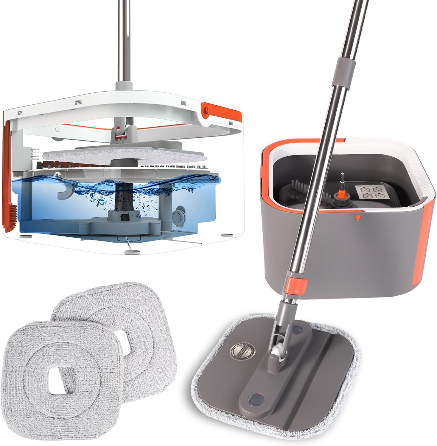 Spin Mop and Bucket Set, 360 ° Rotating Floor Mop with Separation Dirty and Clean Water System, Square Floor Cleaner for Mopping with Handle, Cleaning Brush and 2 Washable Ultra-fine Fiber Pads