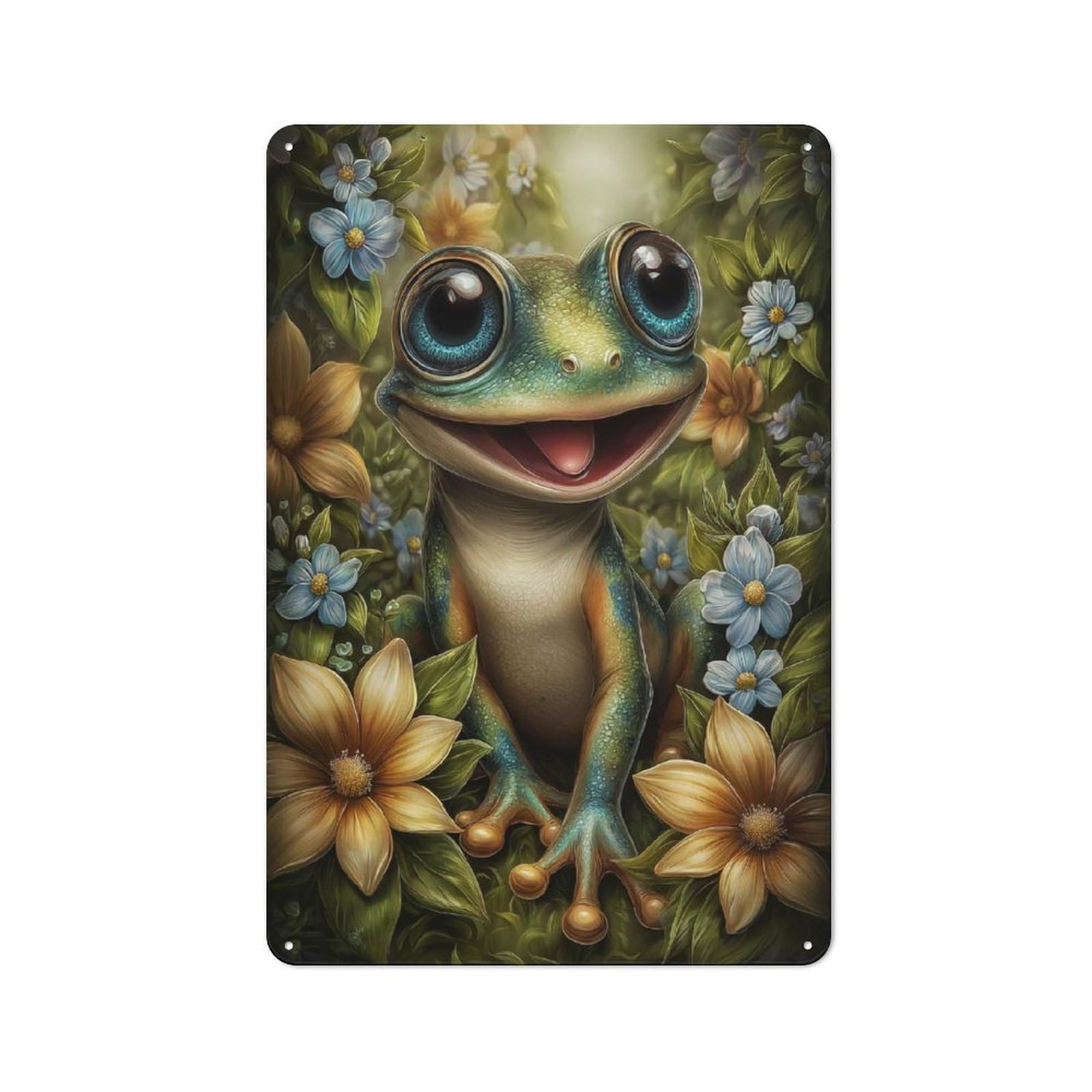 Junmoney Style-5 Happy Frog In Floral Setting Retro-Style Tin Sign 30X20cm For Man Cave Or Games Room, A Metal Wall Feature For Games Rooms And Man Caves