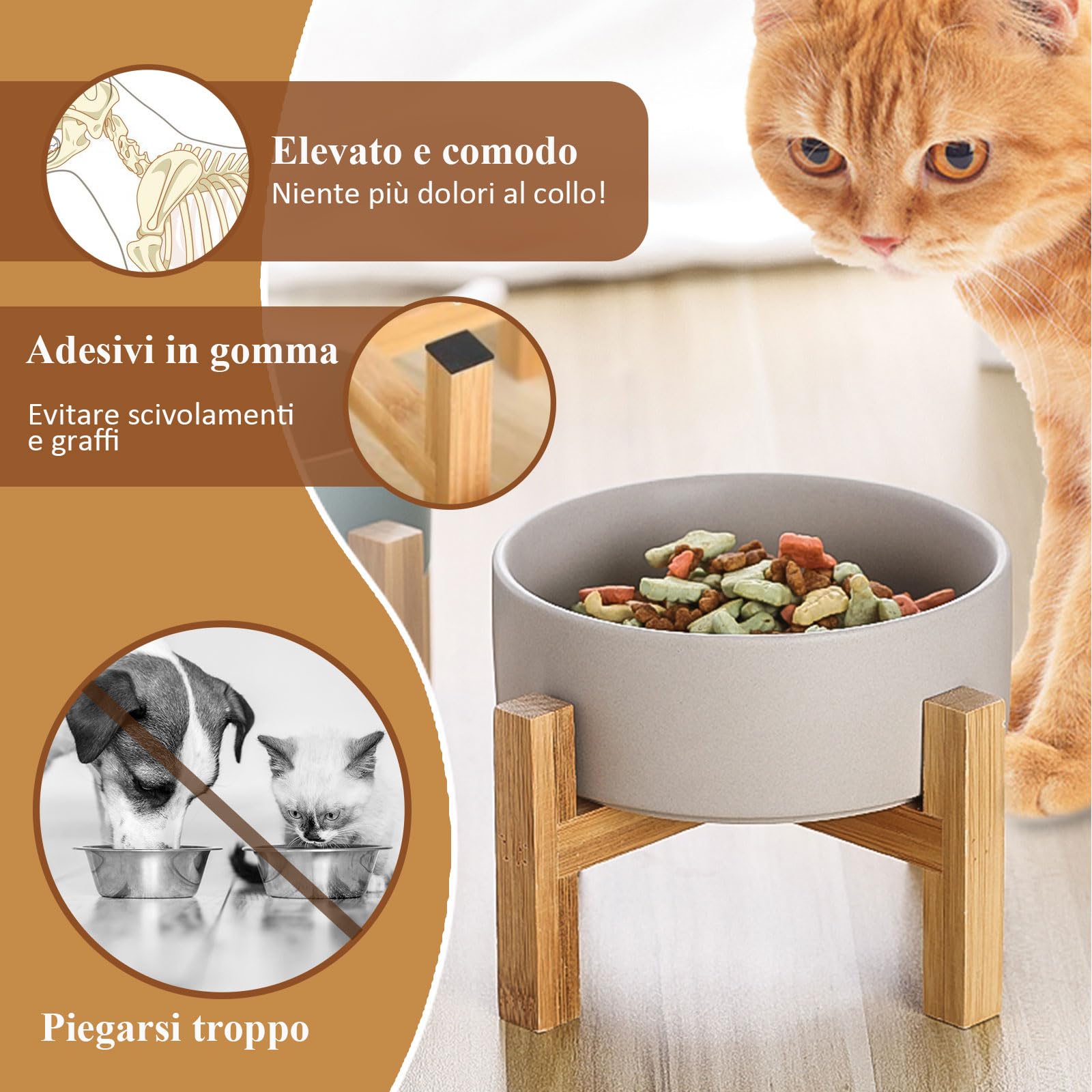 Ceramica Ciotole per Gatti Rialzate Antivomito Set di 2 per Cibo Acqua per Gatti Cani