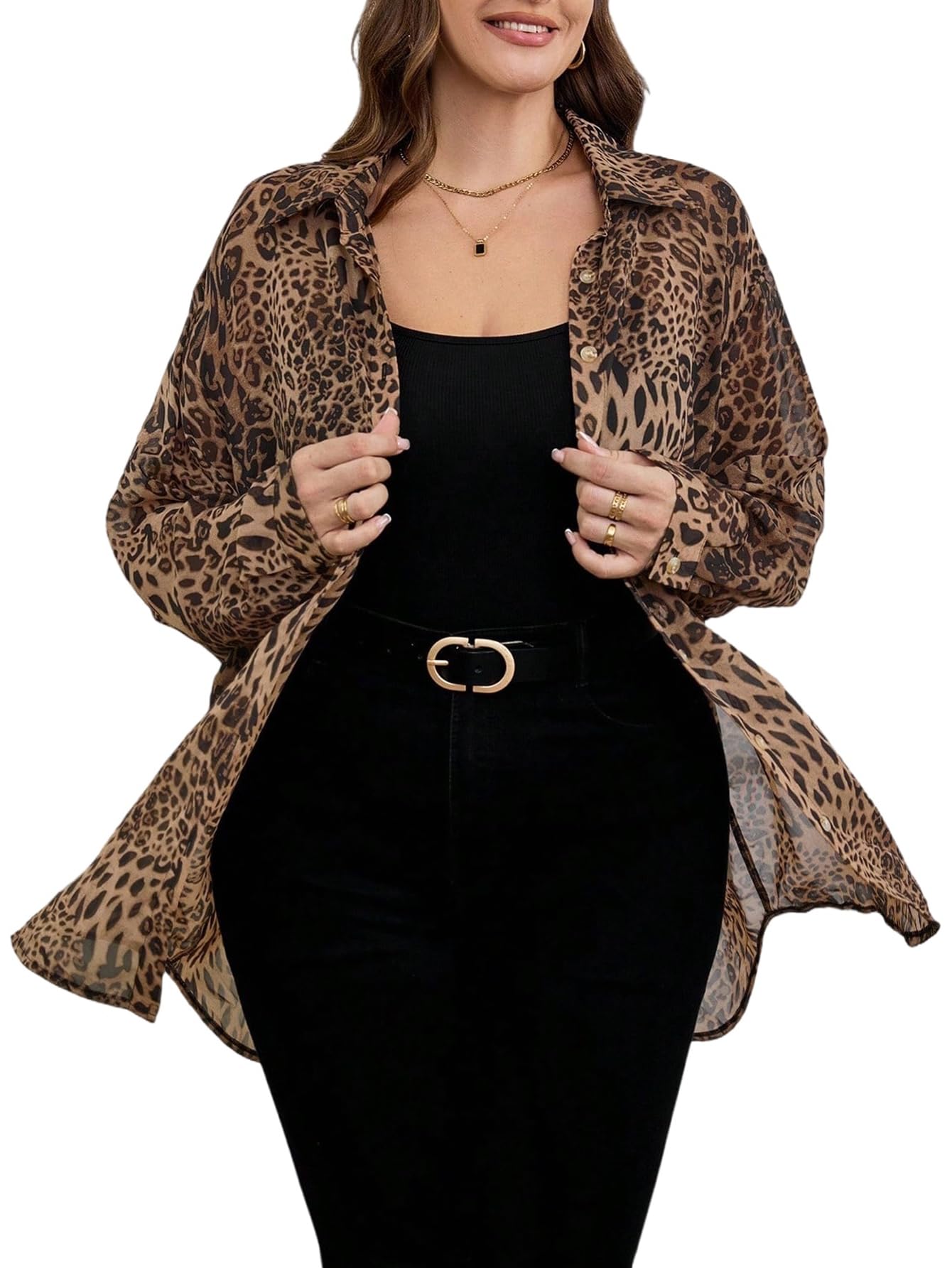GORGLITTER Chemisier pour femme - Grande taille - Élégant - Motif léopard - Manches longues - Col rabattu - Cardigan - Tenue d'automne
