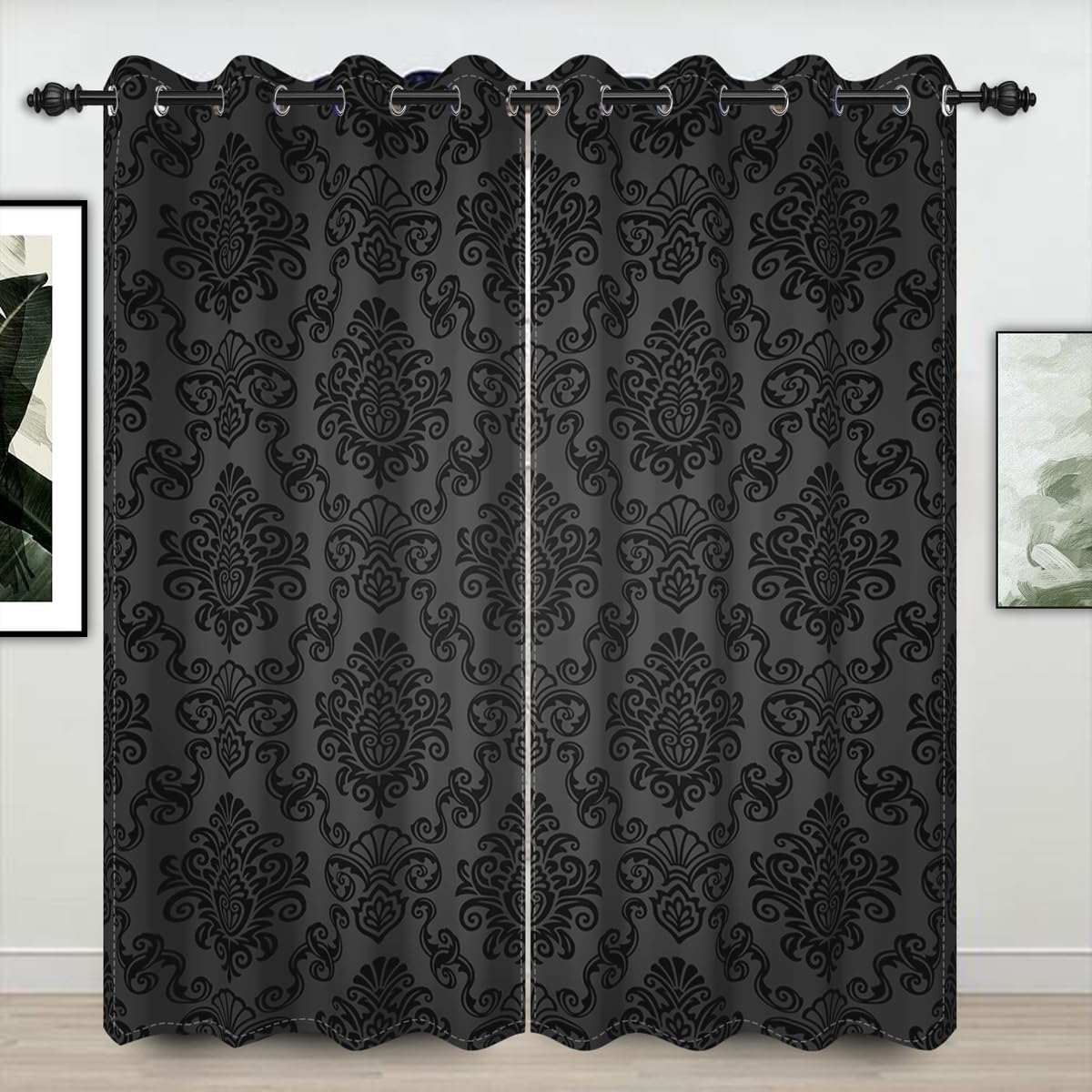 Black Damask Floral Blackout Curtain Vintage Classic Flower Pattern Printed Drapes 42 x 63 Inches Window Curtain Set for Living Room Bedroom Kitchen Decor, 2 Panels Grommet Drapes