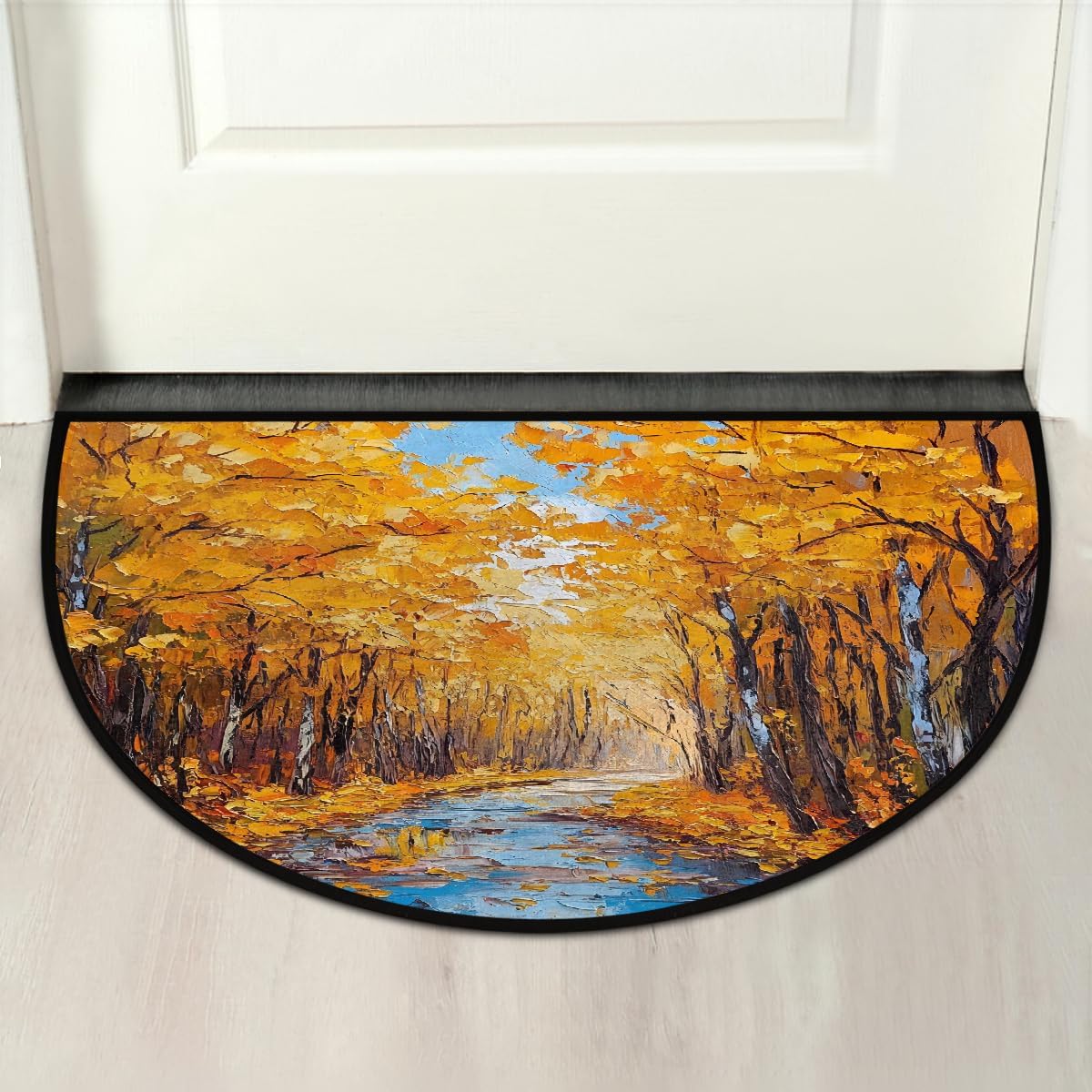 Half Round Door Mat Forest Golden Fall Non Slip Absorbent Semi Circle Area Rugs Washable Half Moon Floor Mats for Indoor Outdoor Patio Kitchen Bathroom Entryway Fireplace Home Carpet Decor