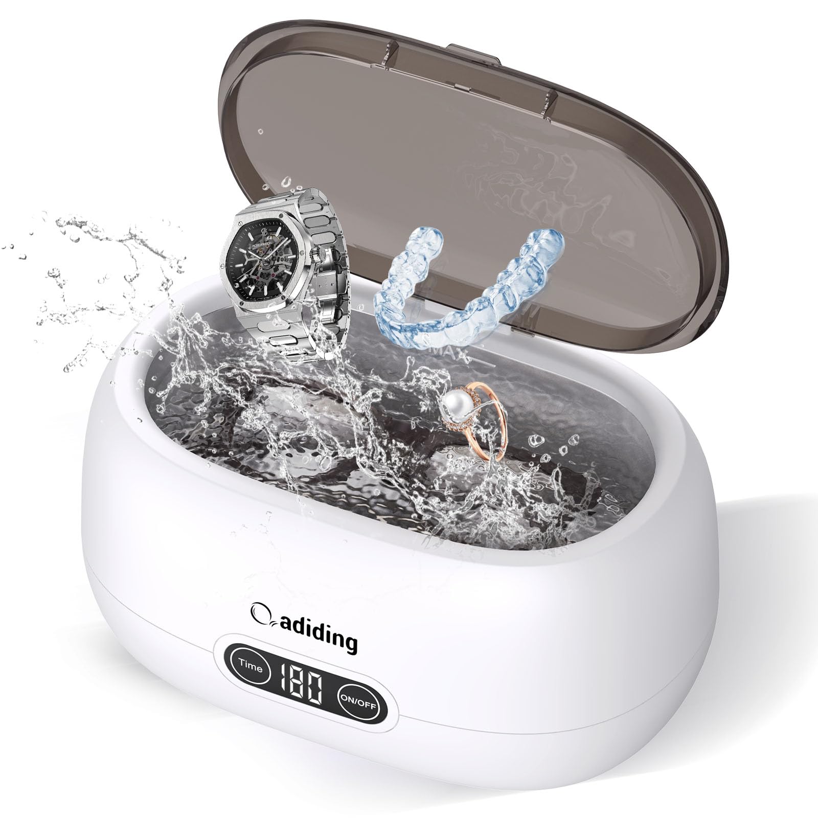 Adiding - Limpiador ultrasónico por ultrasonidos (650 ml, 5 modos de tiempo, 45 kHz, dispositivo ultrasónico para limpieza de gafas, joyas, relojes, dentaduras postizas, monedas)