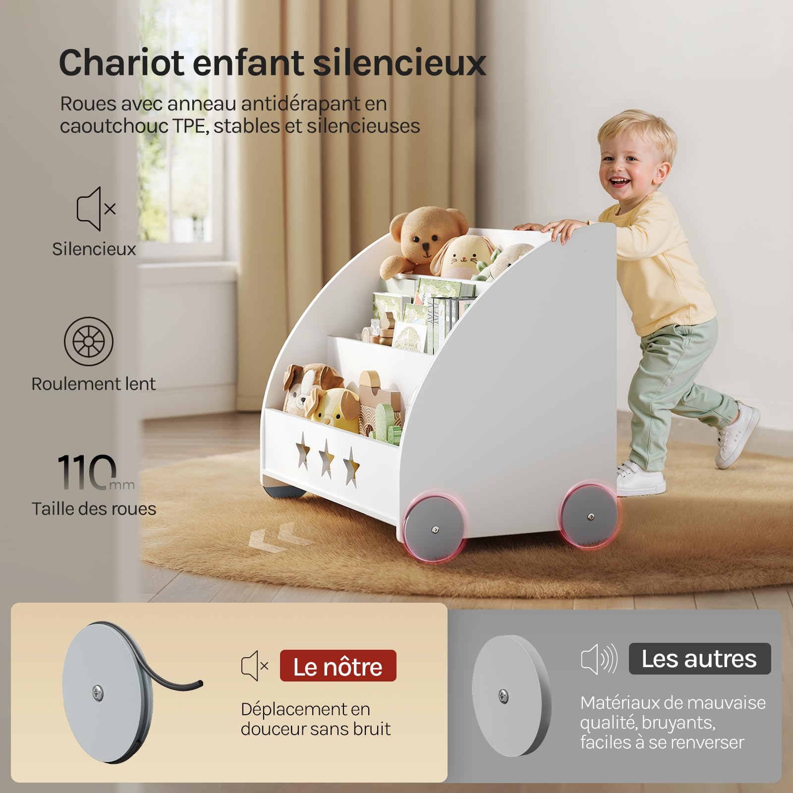 WOLTU Bibliothèque pour Enfants en Bois, Étagère à 3 Niveaux | pour Livres, avec Roues pour Chambre d'enfant, Blanc
