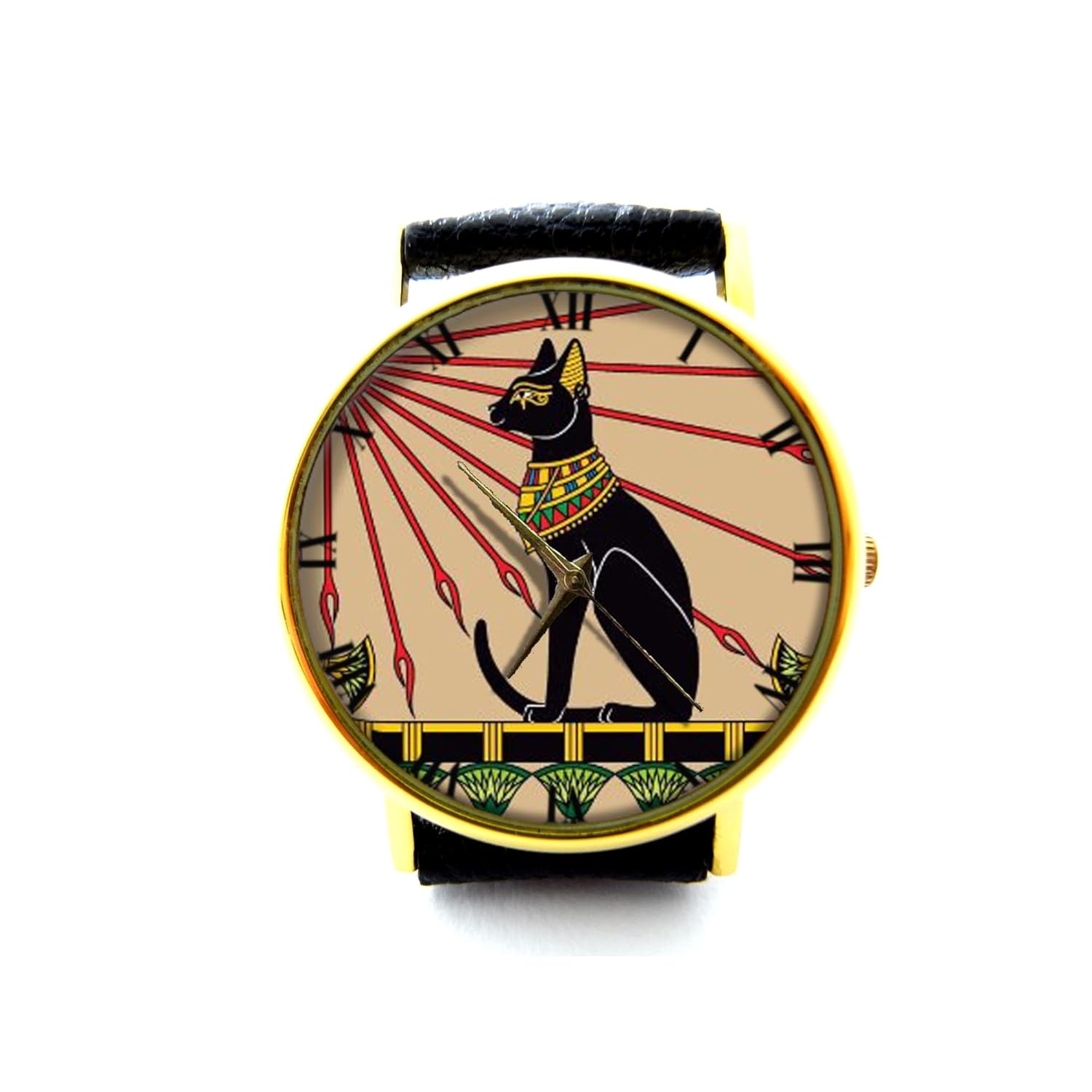 Egyptian Cat Leather Watch, Egyptian Art, Ancient Art Watch