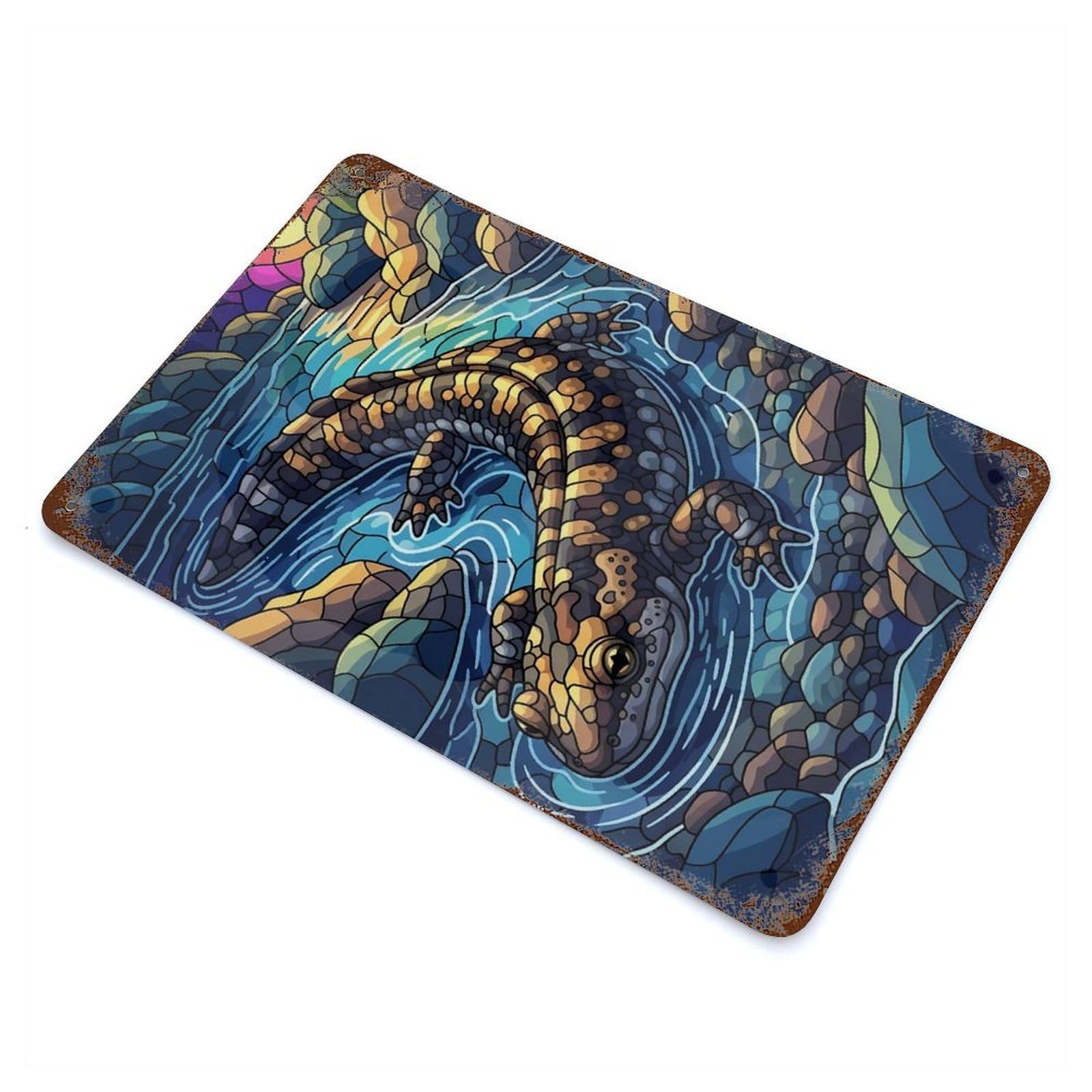 Garage Style Salamander in Stream Stained Glass Style Rust Effect Tin Sign 11.8"x7.9", Industrial Home Decor for Bar And Workshop