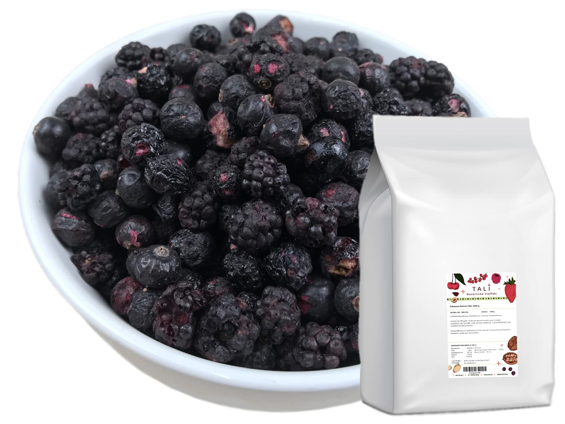 TALI Schwarze Beeren Mix 1000 g | Gefriergetrocknete Brombeeren, Heidelbeeren, Schwarze Johannisbeeren