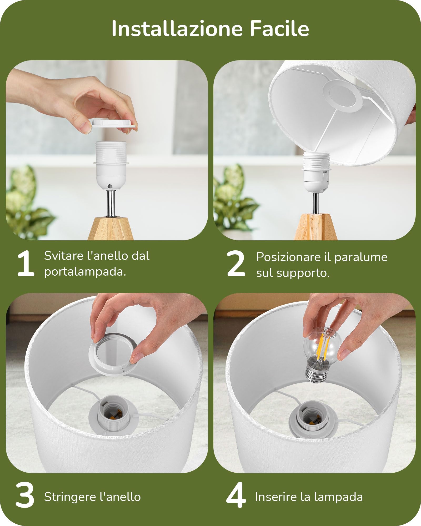 EDISHINE Set 2 Lampade da Tavolo in Legno, Paralume in Lino, Bianco | Treppiede in Legno, Attacco E27, Lampadina LED Inclusa, Bianco Caldo 2700 K, per Camera da Letto e Soggiorno
