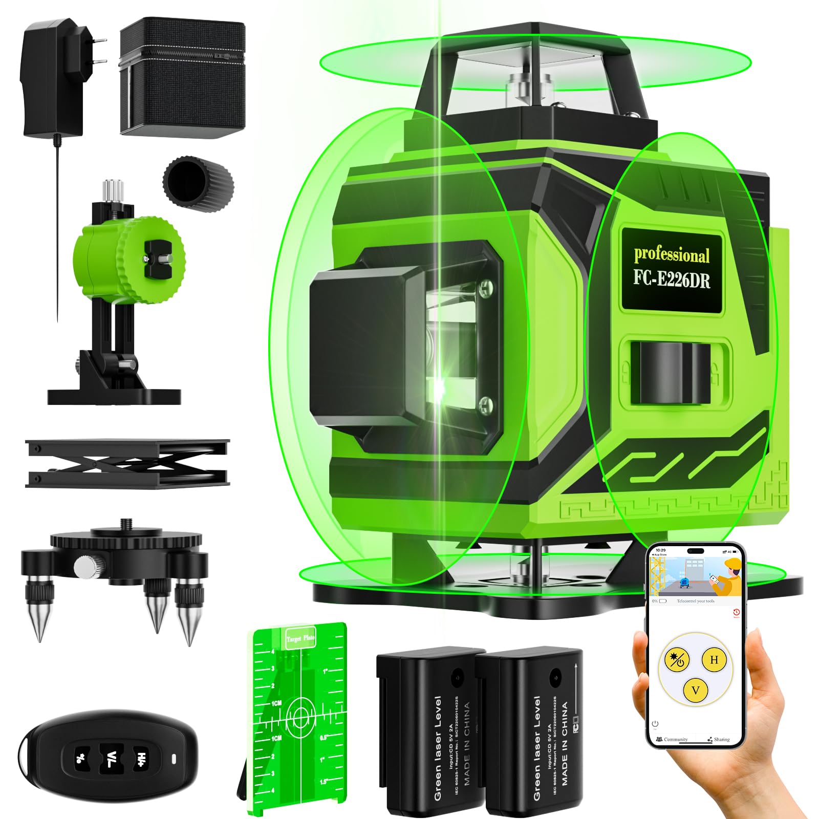 Lazer Level 360 Self Leveling, 200ft 4x360° Laser Line Tool Cross Line Laser 16 Vertical/Horizontal Line Green Lasers Adjustable Brightness Remote Control for Construction and Picture Hanging