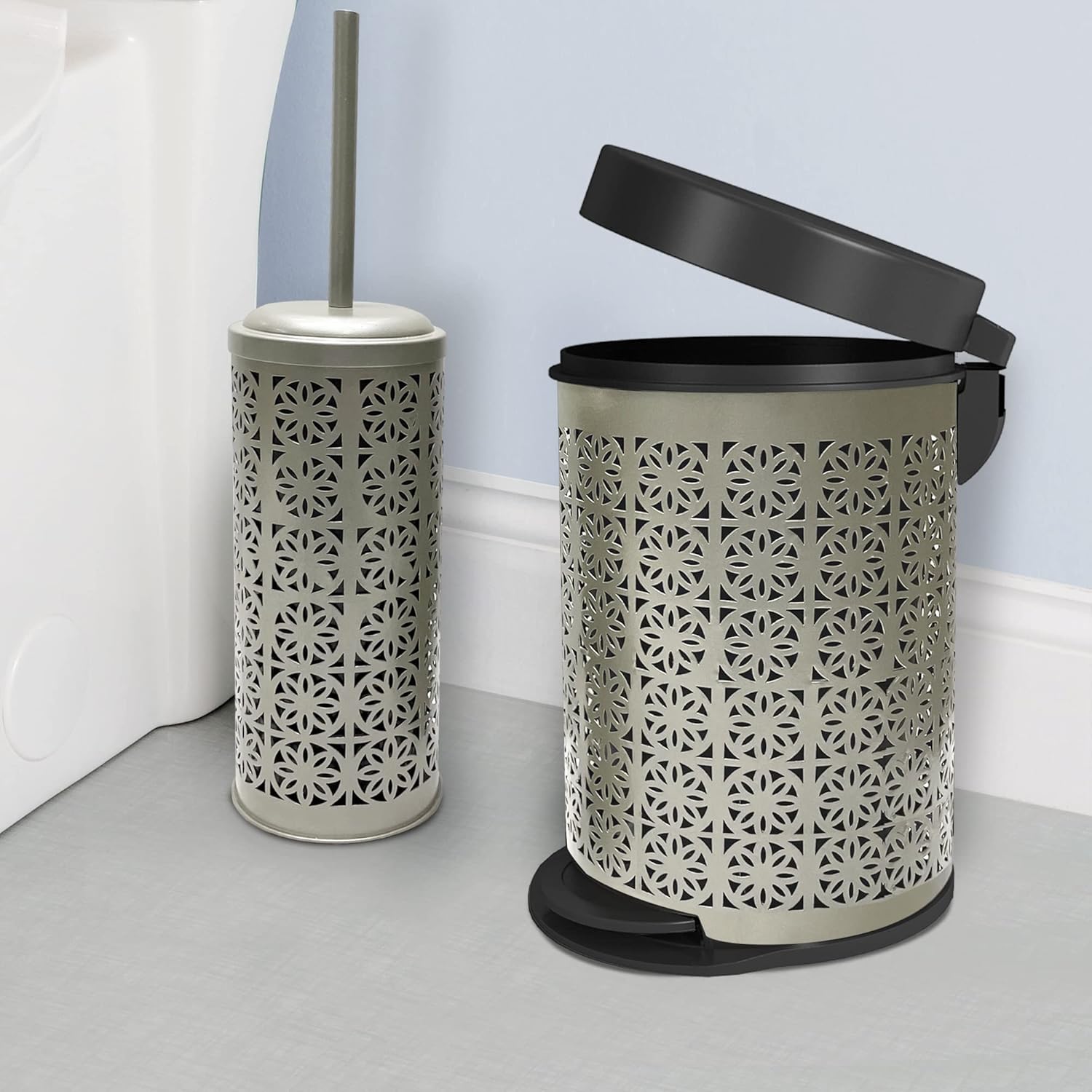 nu steel Laser Cut Pewter Step Garbage Trash Can & Toilet Brush Holder with Lid: 5 Liter/1.32 gal for The Kitchen, Bathroom, Bedroom, Patio, RV