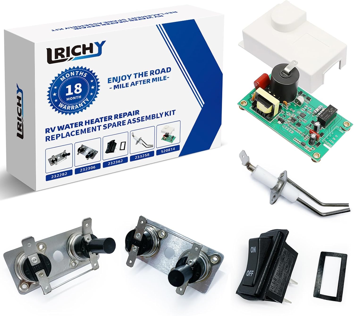 5 in 1 Value RV Water Heater Parts Spare Kit for Suburban, 520814 Control Circuit Board, 232306 & 232282 T-STAT and E.C.O Switch, 232258 Igniter Electrode, 232362 Electric Element Switch