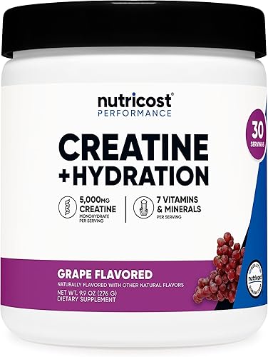 Nutricost Monohidrato de creatina + hidratación con sabor a uva (30 porciones) - 7 vitaminas y minerales, 5000 mg de creatina por porción