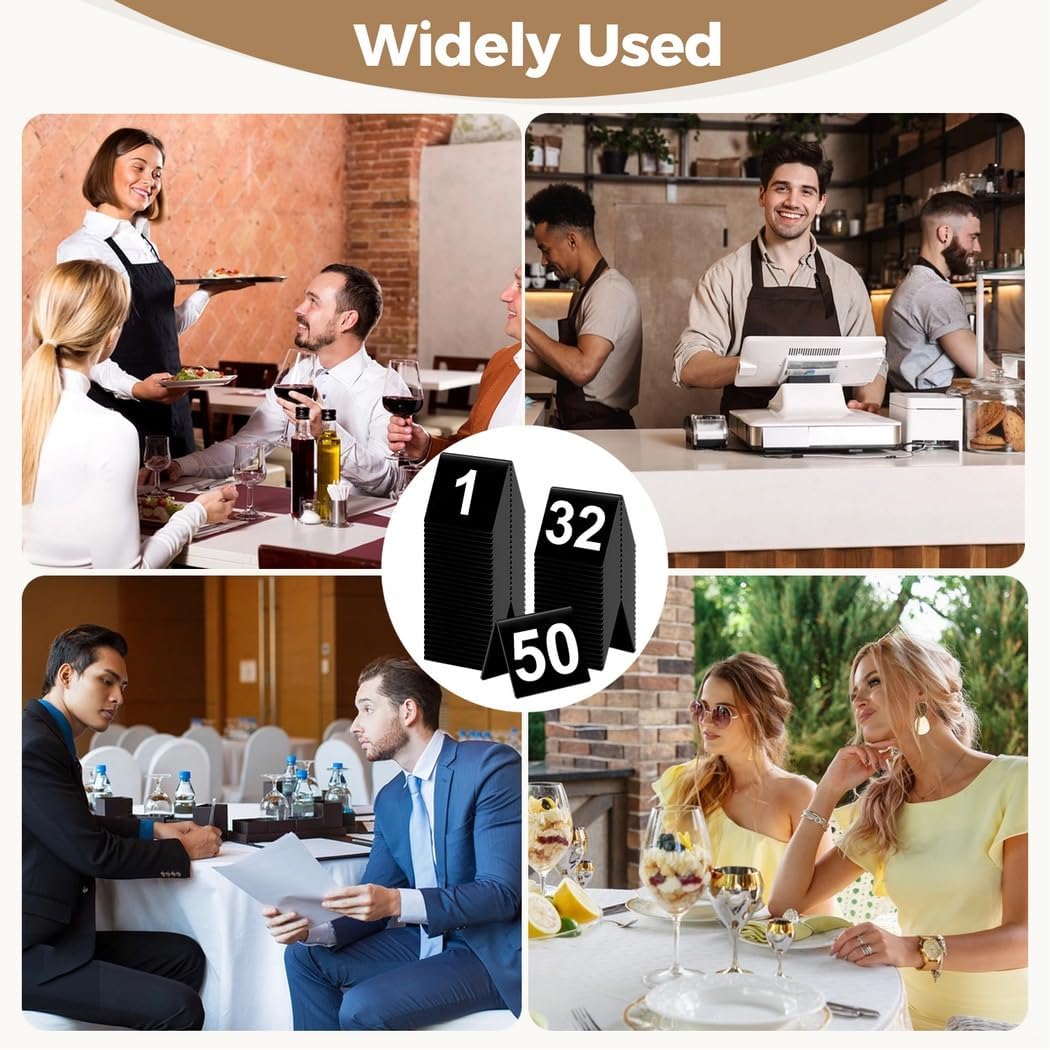 Table Numbers, Black Acrylic Table Tents 1 to 50, Double Sided Printing Waterproof Restaurant Table Cards, Tabletop Signs for Parties, Banquets, Weddings, Business Events