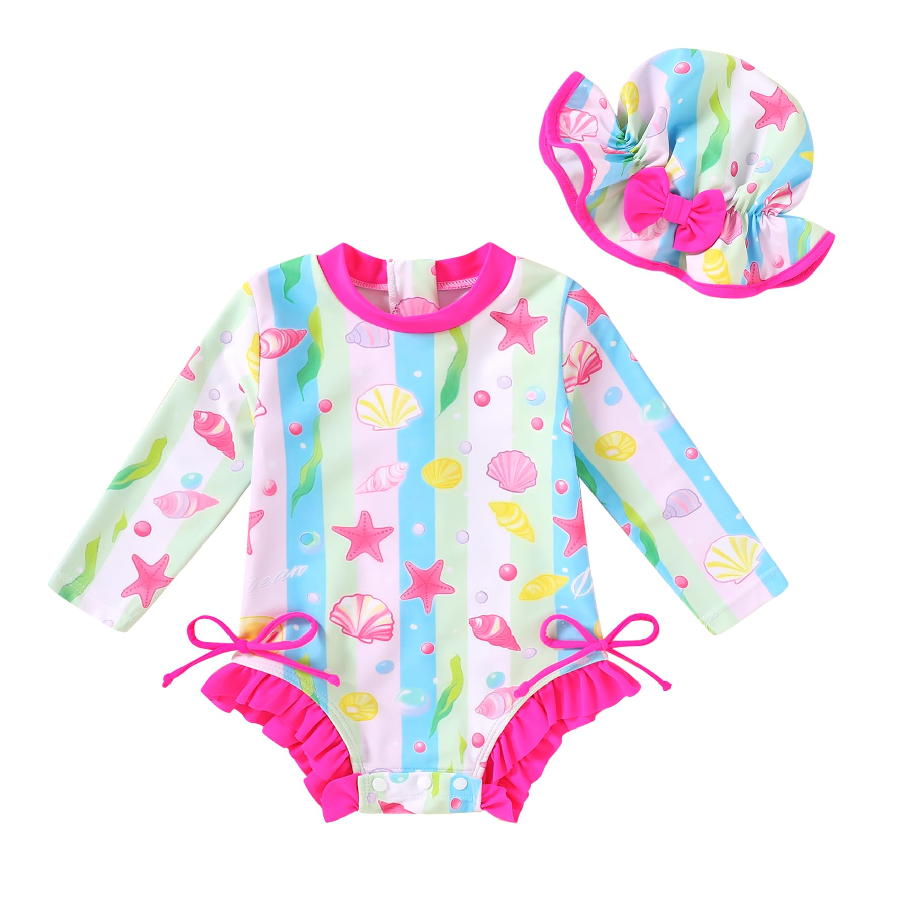 Photo 1 of **NEEDS REPLACEMENT ZIPPER**** YOUNGER TREE Infant Baby Swimsuit Girl Long Sleeve One-Piece Rash Guard with Hat Zipper Bathing Suit Printed Swimwear (Pink Shell,12-18 Months)