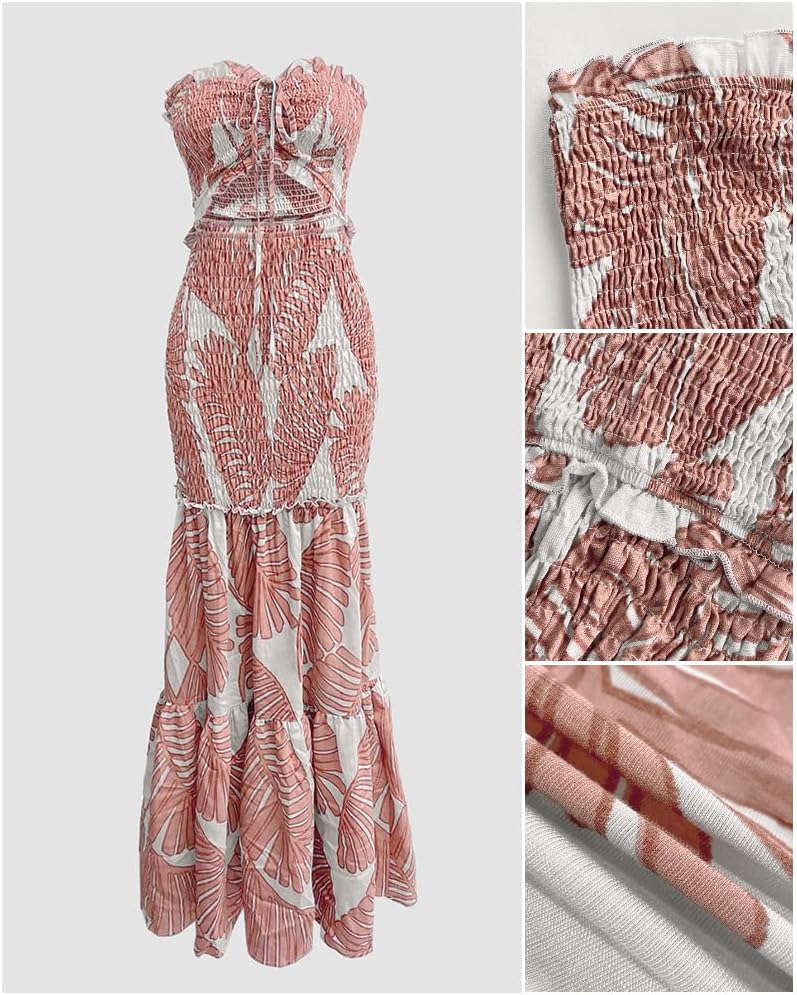 CHICME Floral Printed Prom Dress Tie Ruched Shirred Bandeau Party Dress Slim Fit Ruffle Hem Vacation Dresses - Image 6