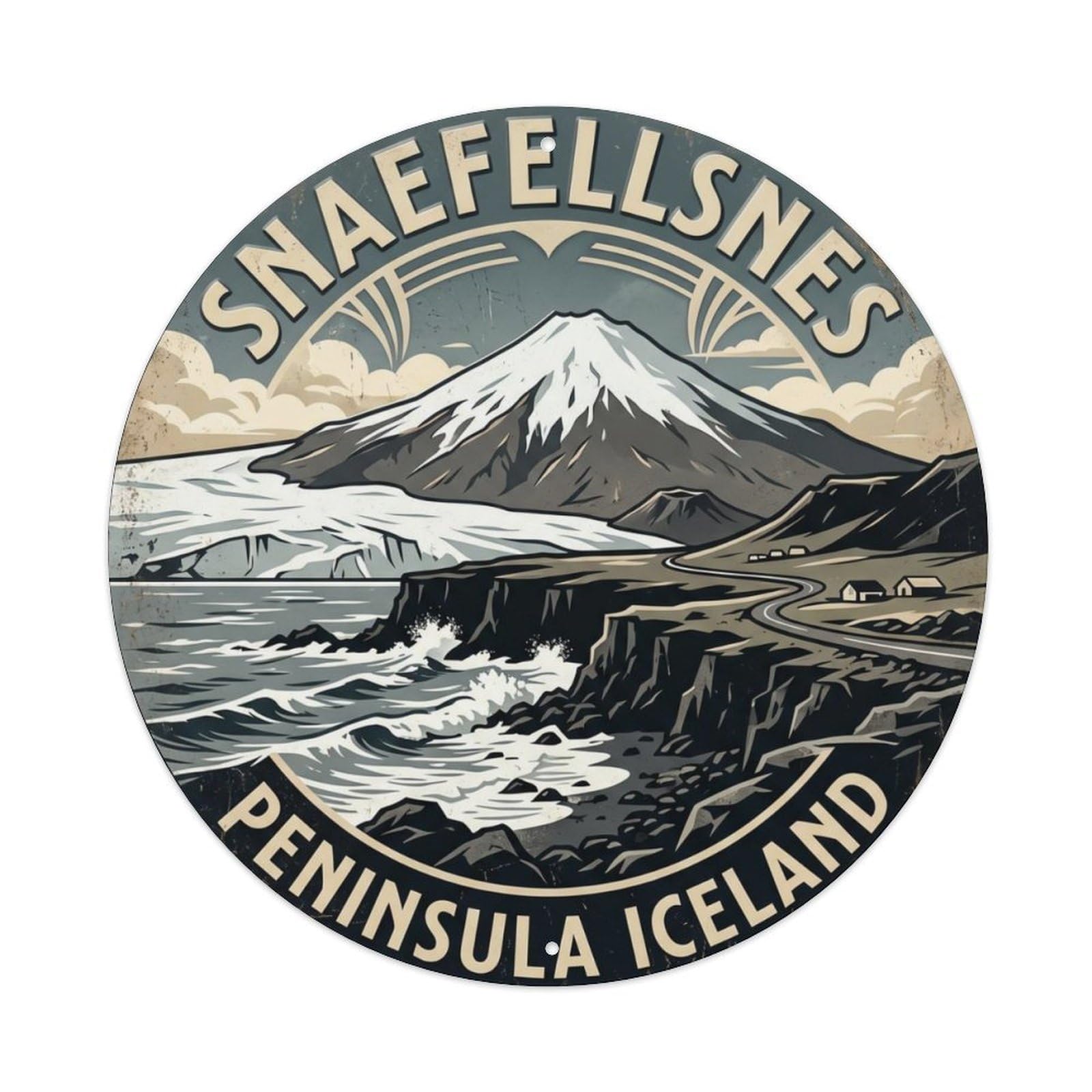 Snaefellsnes Peninsula Iceland Glacier Metal Tin Sign Plaque Wall Decor for Cafe, Club Bar, Office, Home Garden Round Metal Poster 8x8Inch